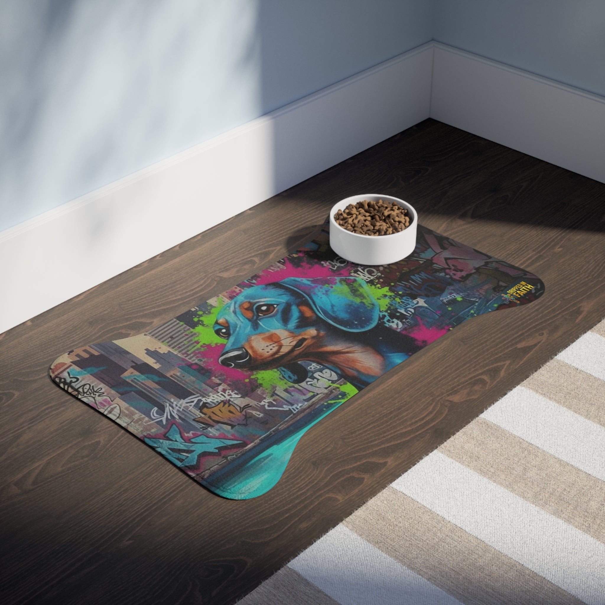 Graffiti Dachshund Pet Feeding Mat — Colorful Urban Dog Bowl Placemat