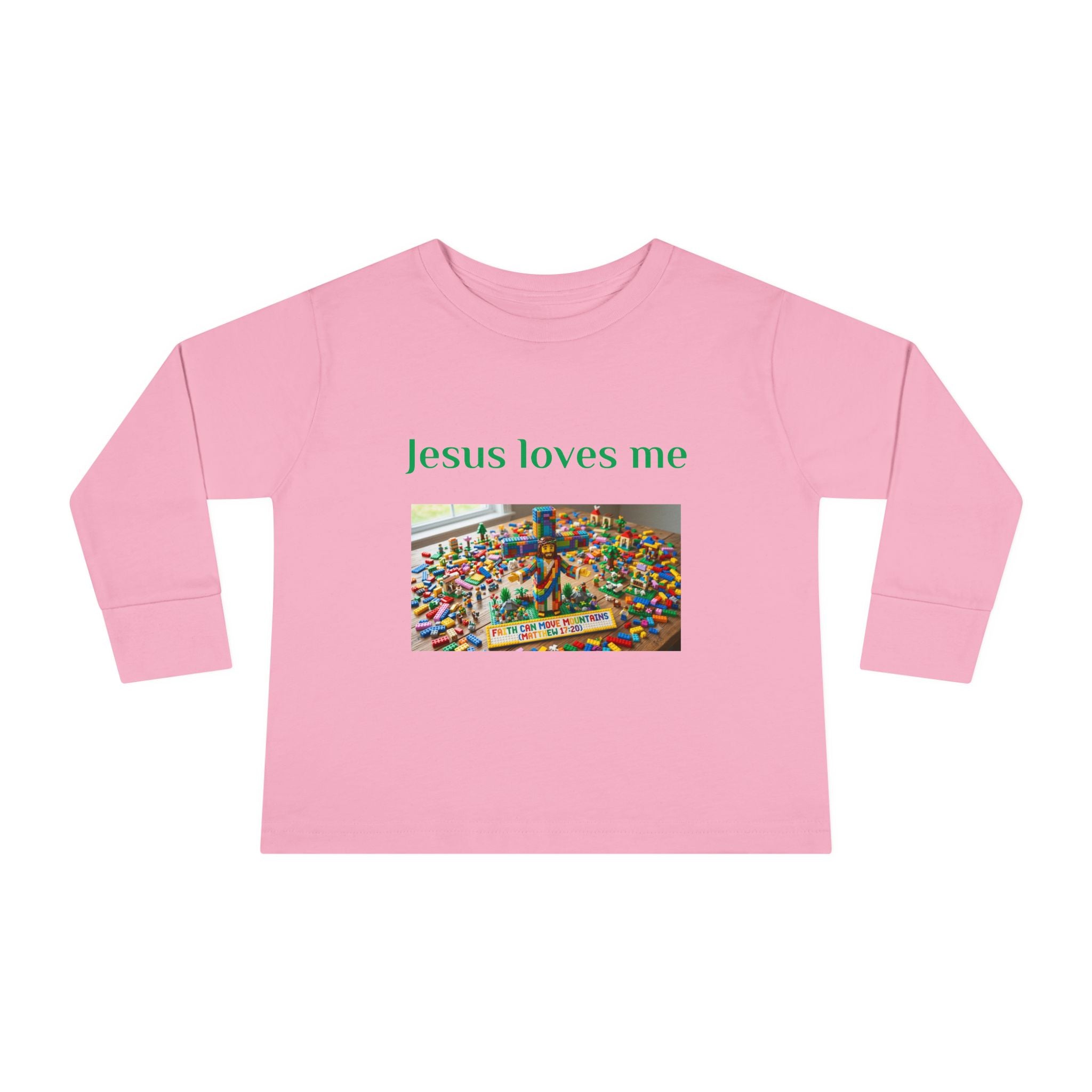 Toddler Long Sleeve Tee — "Jesus Loves Me" print with Colorful Legos Jesus on the cross - Sizes 2T - 6T