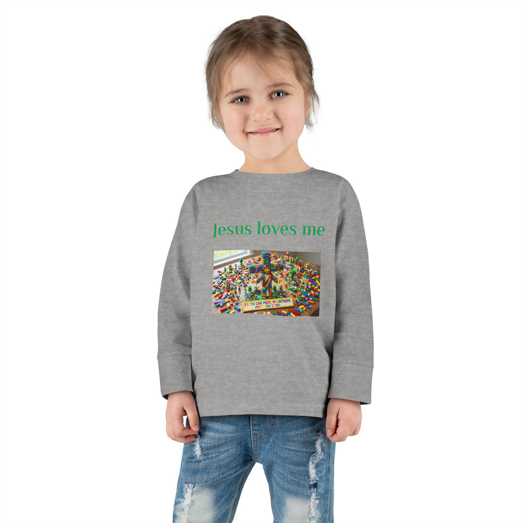 Toddler Long Sleeve Tee — "Jesus Loves Me" print with Colorful Legos Jesus on the cross - Sizes 2T - 6T