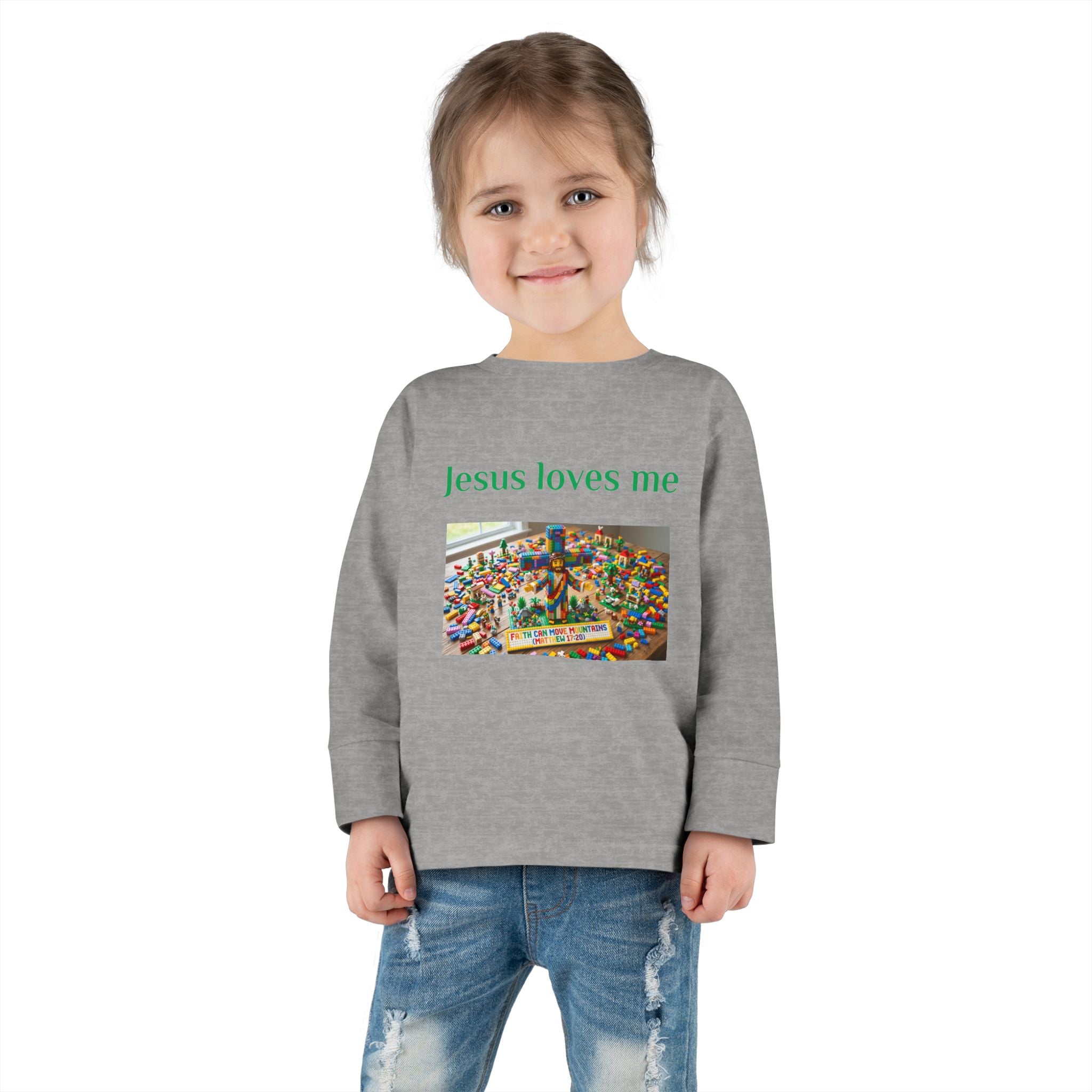 Toddler Long Sleeve Tee — "Jesus Loves Me" print with Colorful Legos Jesus on the cross - Sizes 2T - 6T