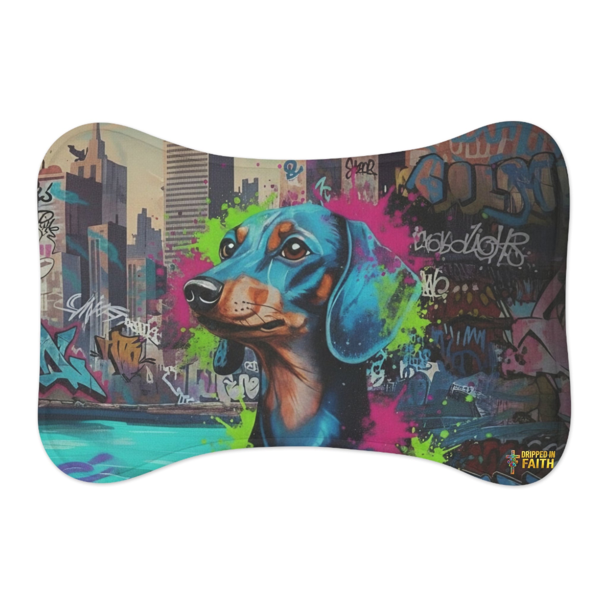 Graffiti Dachshund Pet Feeding Mat — Colorful Urban Dog Bowl Placemat