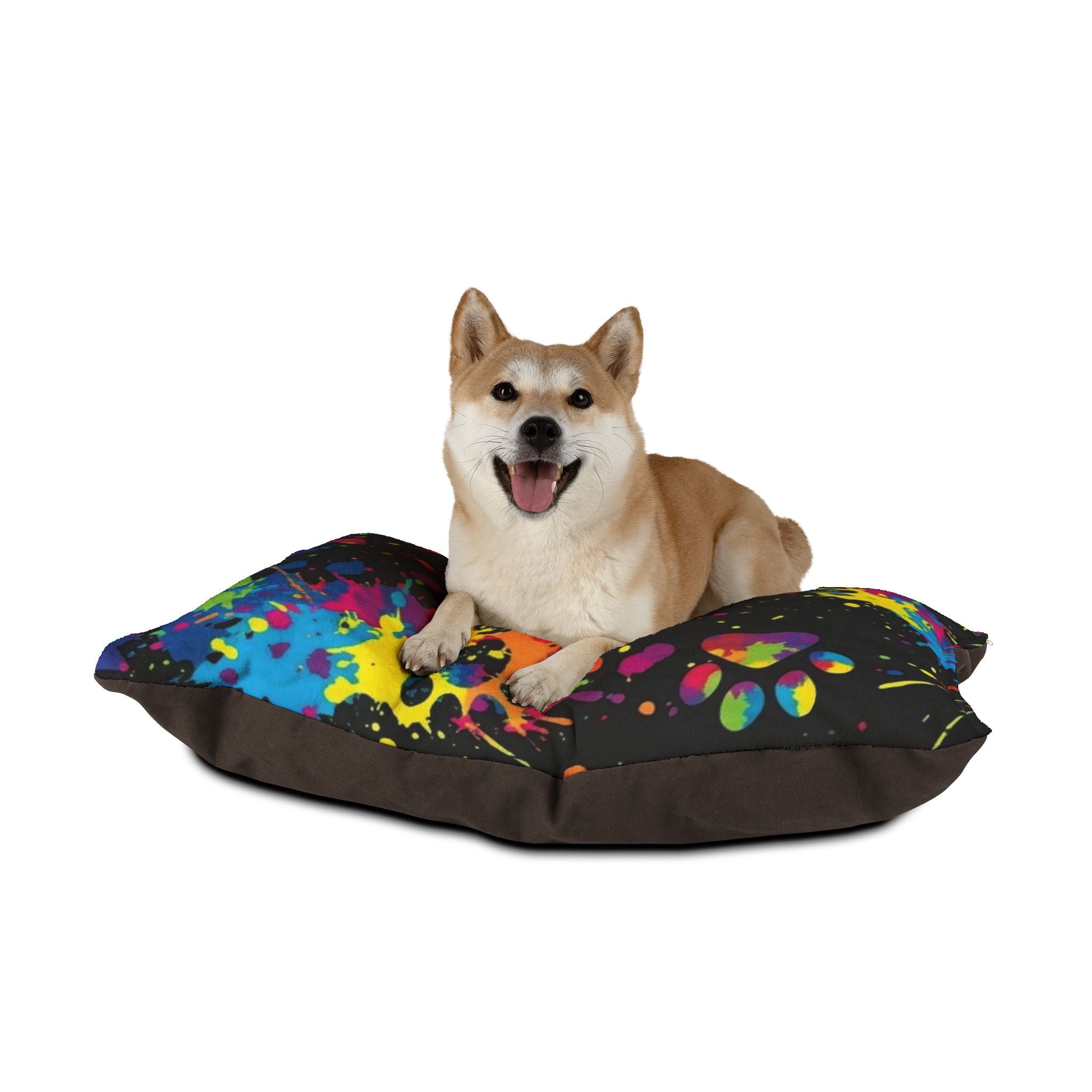 Colorful Paw Print Pet Bed — splatter paint design, cozy dog & cat cushion