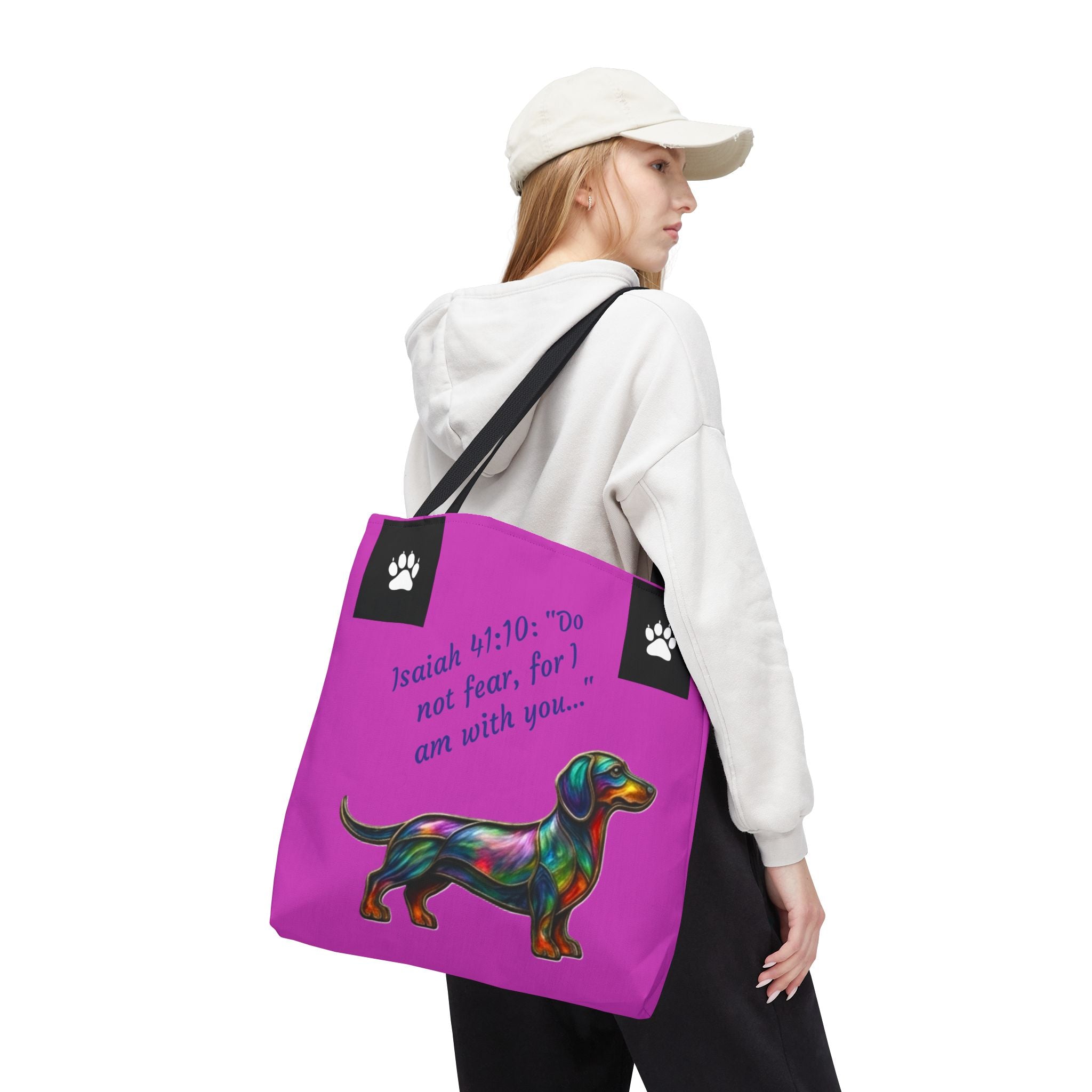 Faithful Paws City Dachshund Tote — Isaiah 41:10 Inspirational Dog Lover Bag