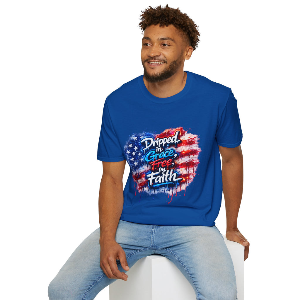 T-Shirt — "Dripped in Grace, Free in Faith" American Flag Christian Graphic Tee - 4th of July