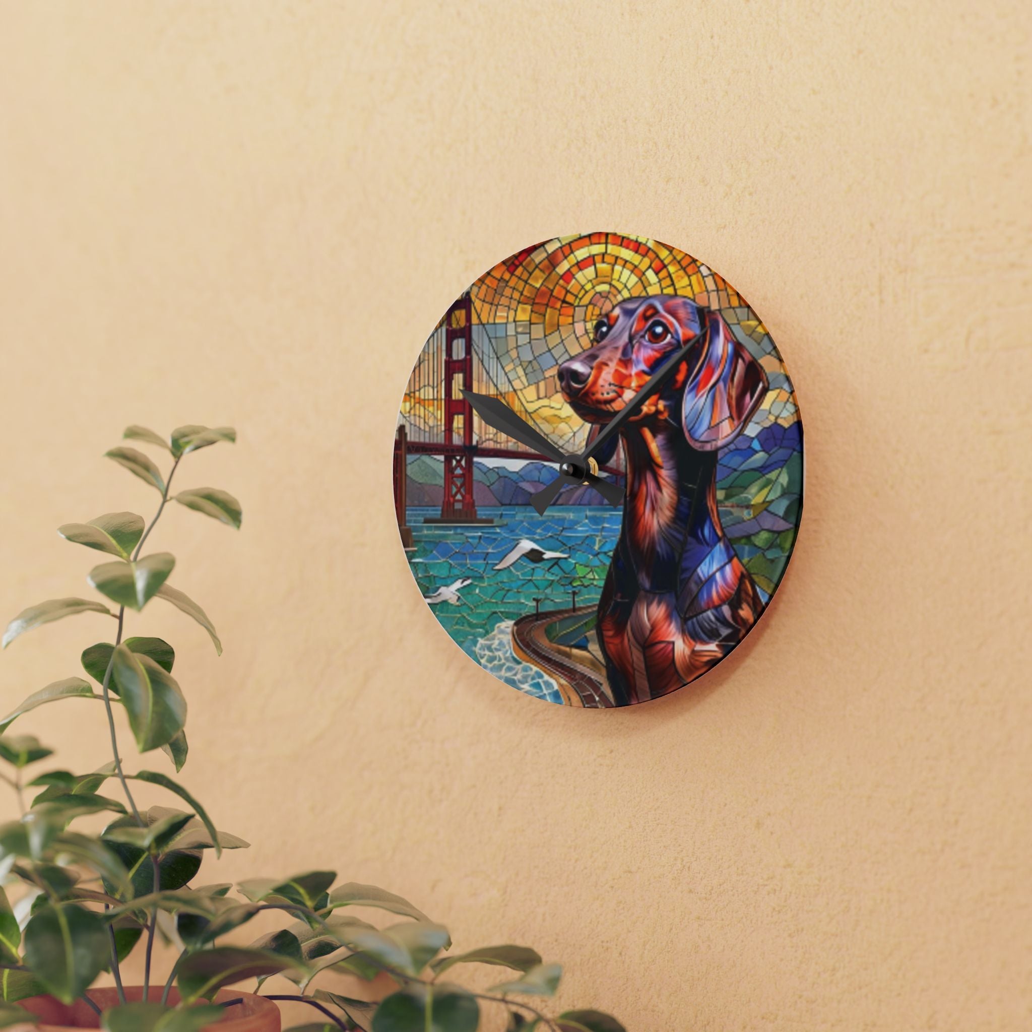 Dachshund San Francisco Acrylic Wall Clock — Colorful Mosaic Dog Art