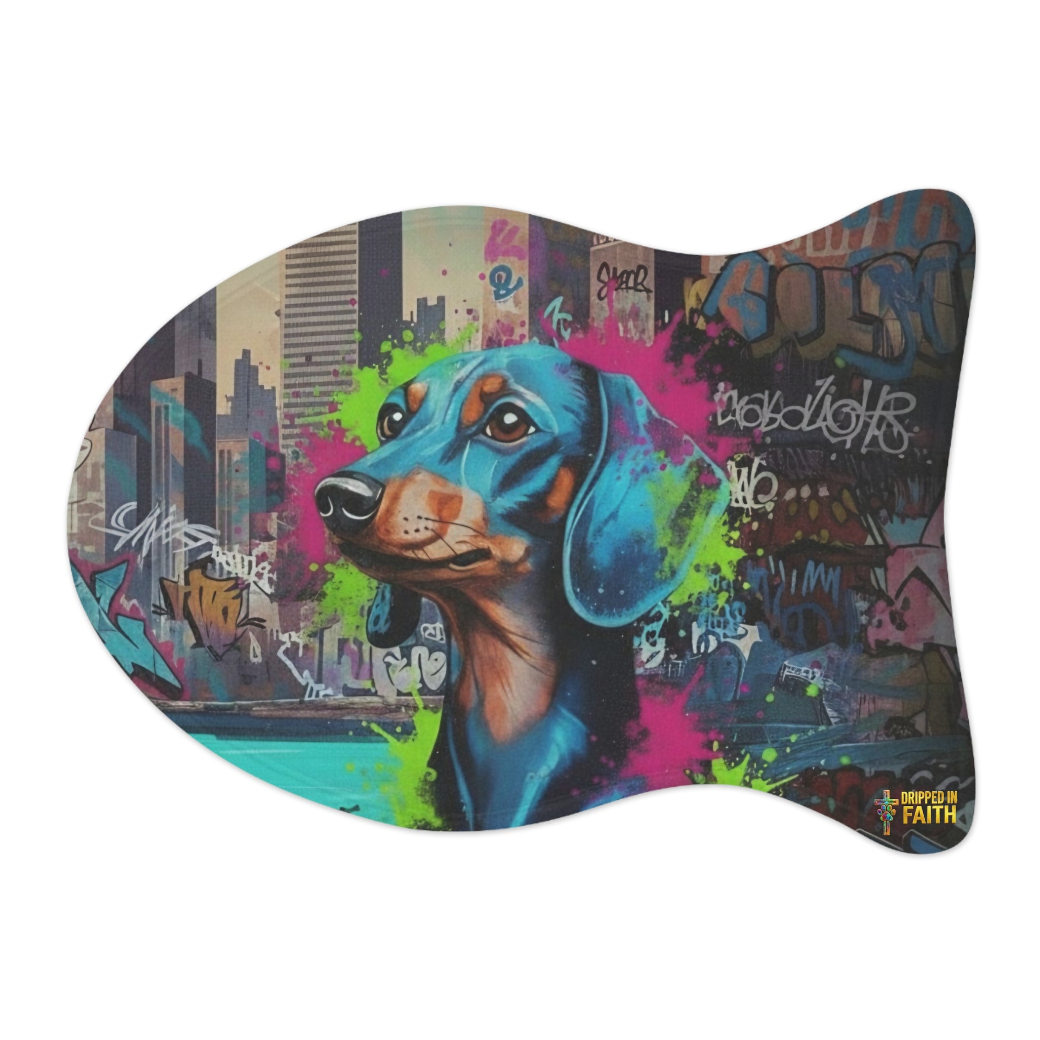 Graffiti Dachshund Pet Feeding Mat — Colorful Urban Dog Bowl Placemat