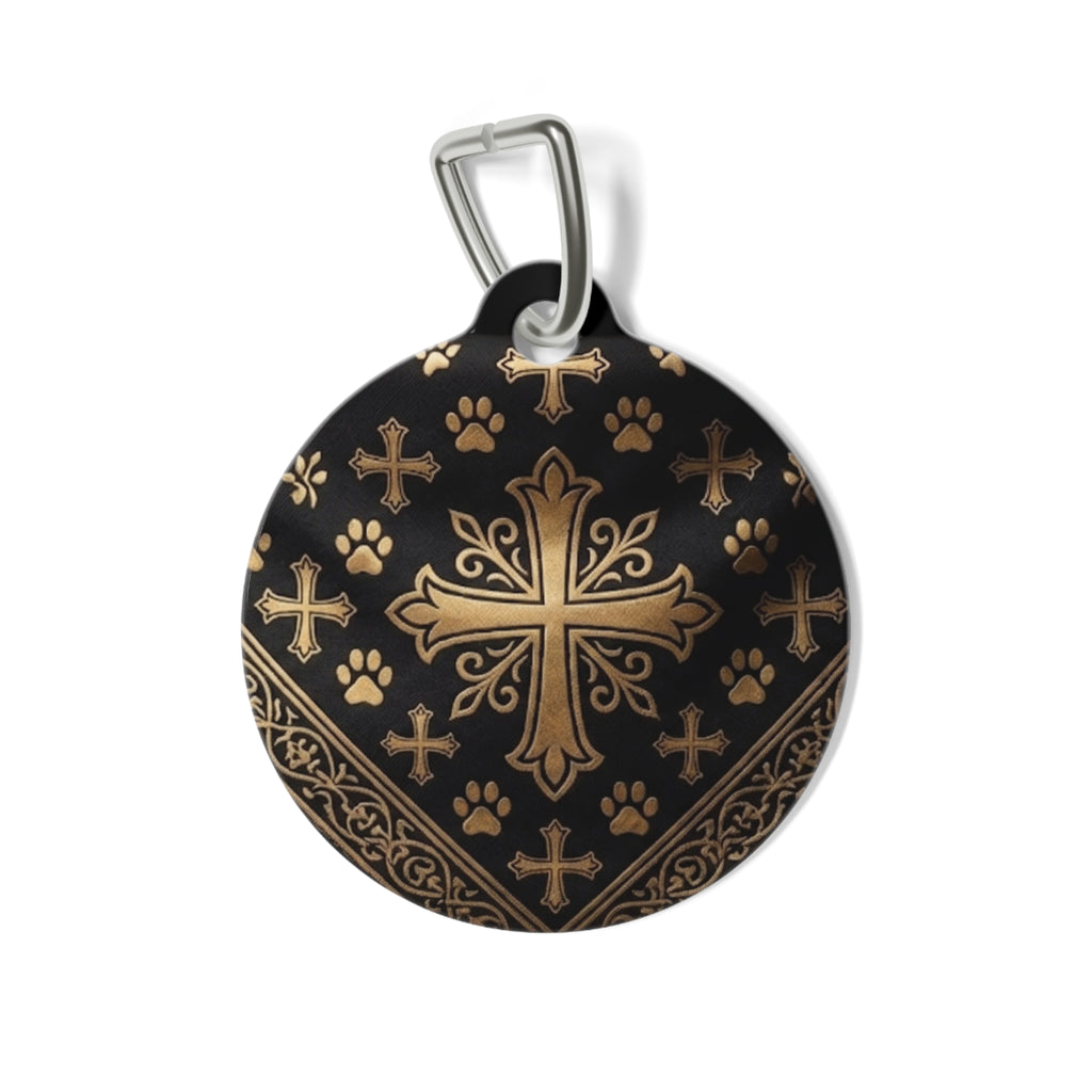 Personalizable Black with Gold Cross Paw Print Pet Tag on a faux leather collar — Christian Dog & Cat ID Charm
