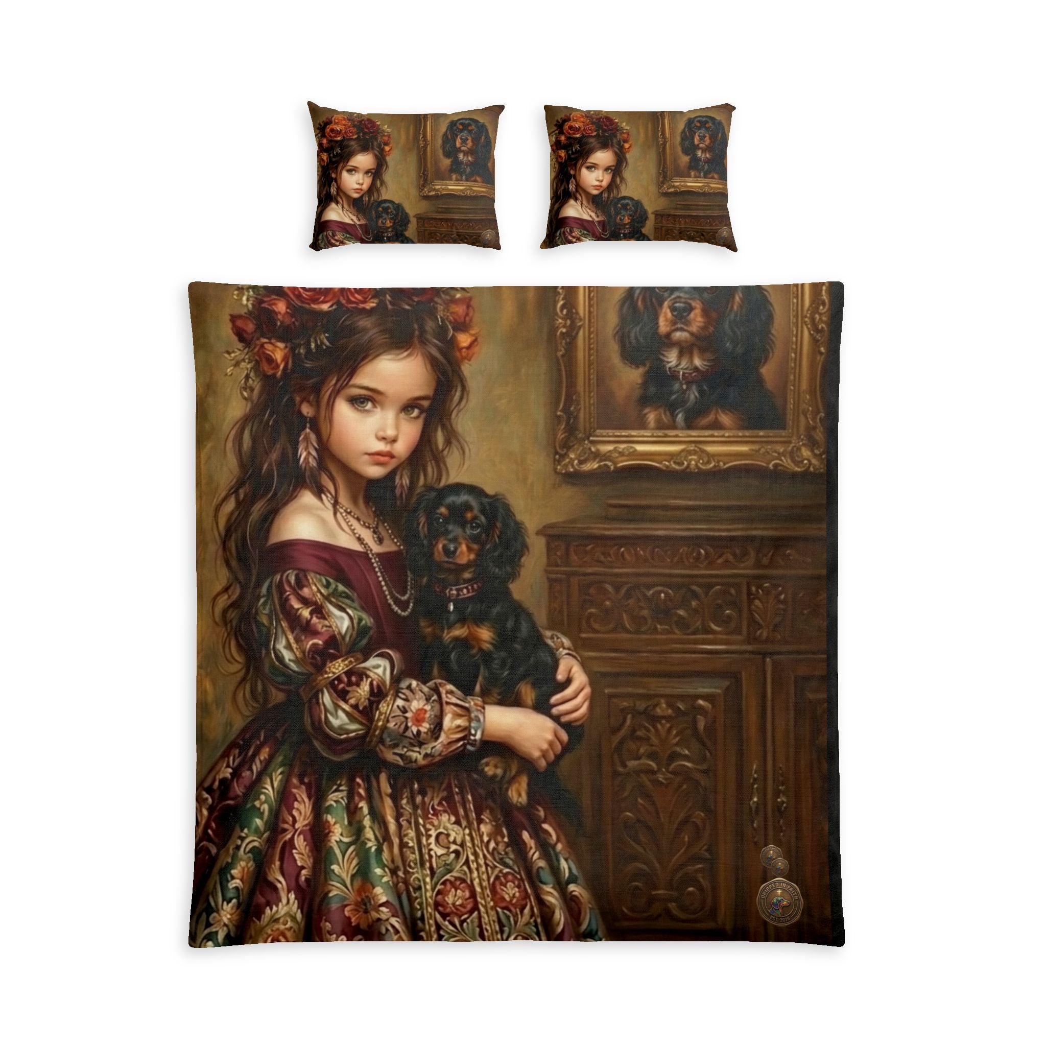 Victorian Girl & Puppy Cotton Bed Set — Vintage Portrait Duvet Cover