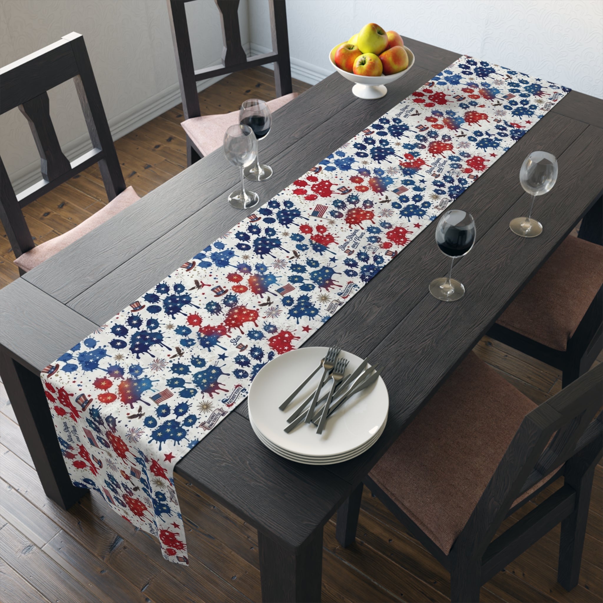 Patriotic Paw Prints Table Runner — Red, White & Blue Cotton-Blend Decor
