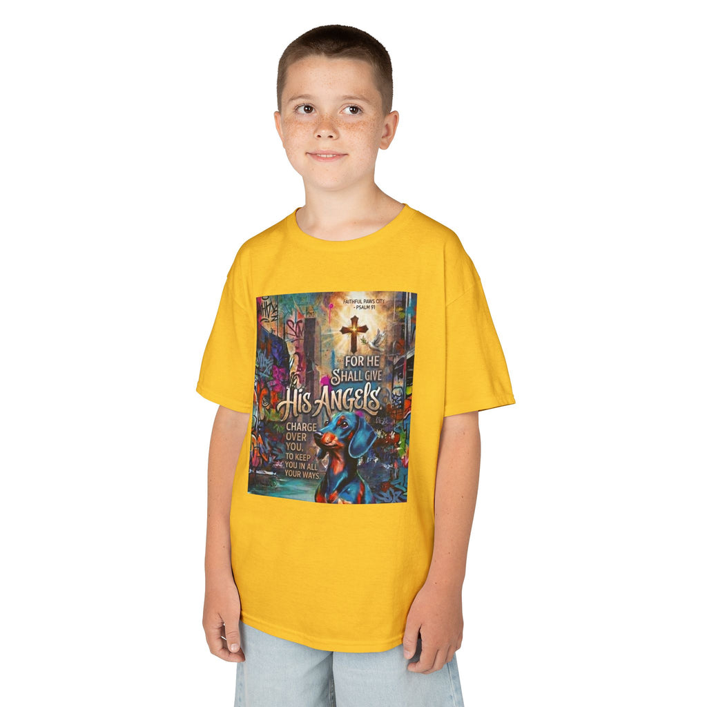 Kids Grafitti Dachshund T-Shirt — "Faithful Paws City" Colorful Angels & Paw Print Graphic Tee
