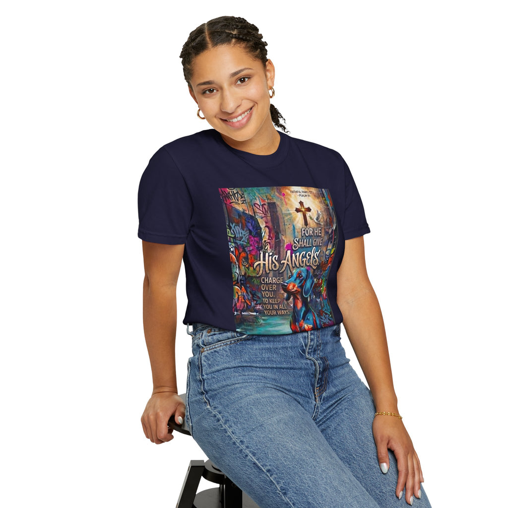 Unisex Christian Dog Grafitti T‑Shirt — "For He Shall Give His Angels Charge Over You" Inspirational Paw Print Tee