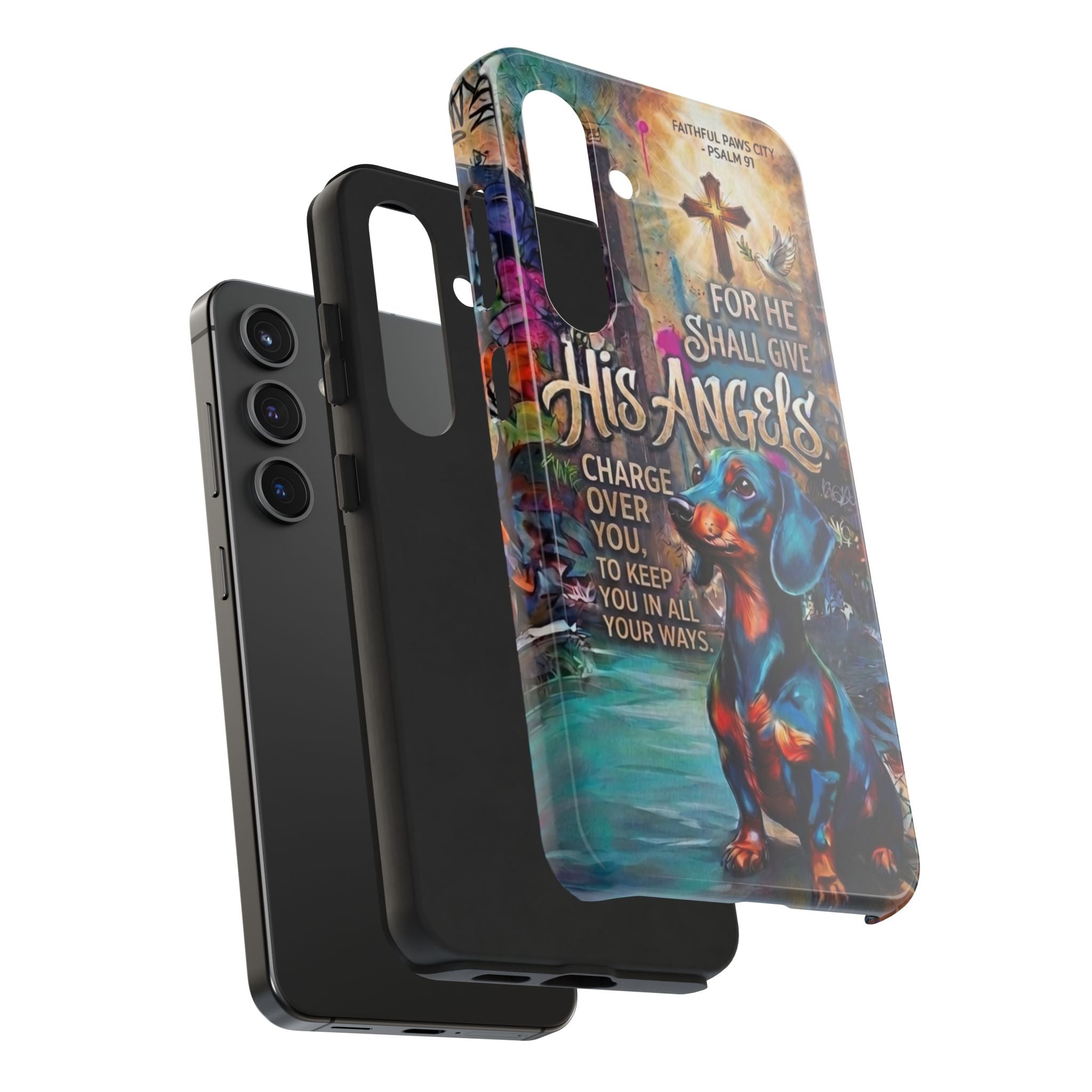 Faithful Paws Graffiti Dachshund Phone Case — "For He Shall Give His Angels" Tough Protective Case