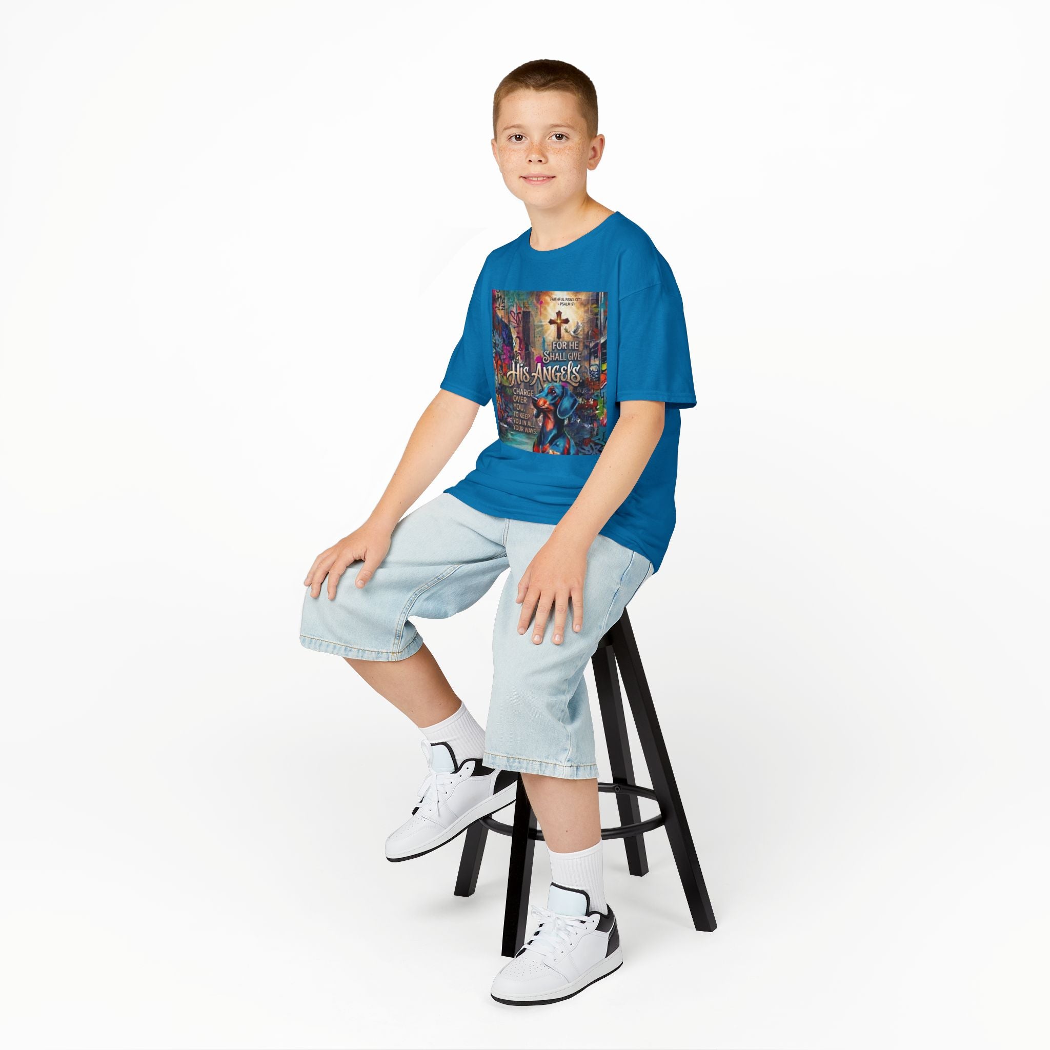 Kids Grafitti Dachshund T-Shirt — "Faithful Paws City" Colorful Angels & Paw Print Graphic Tee