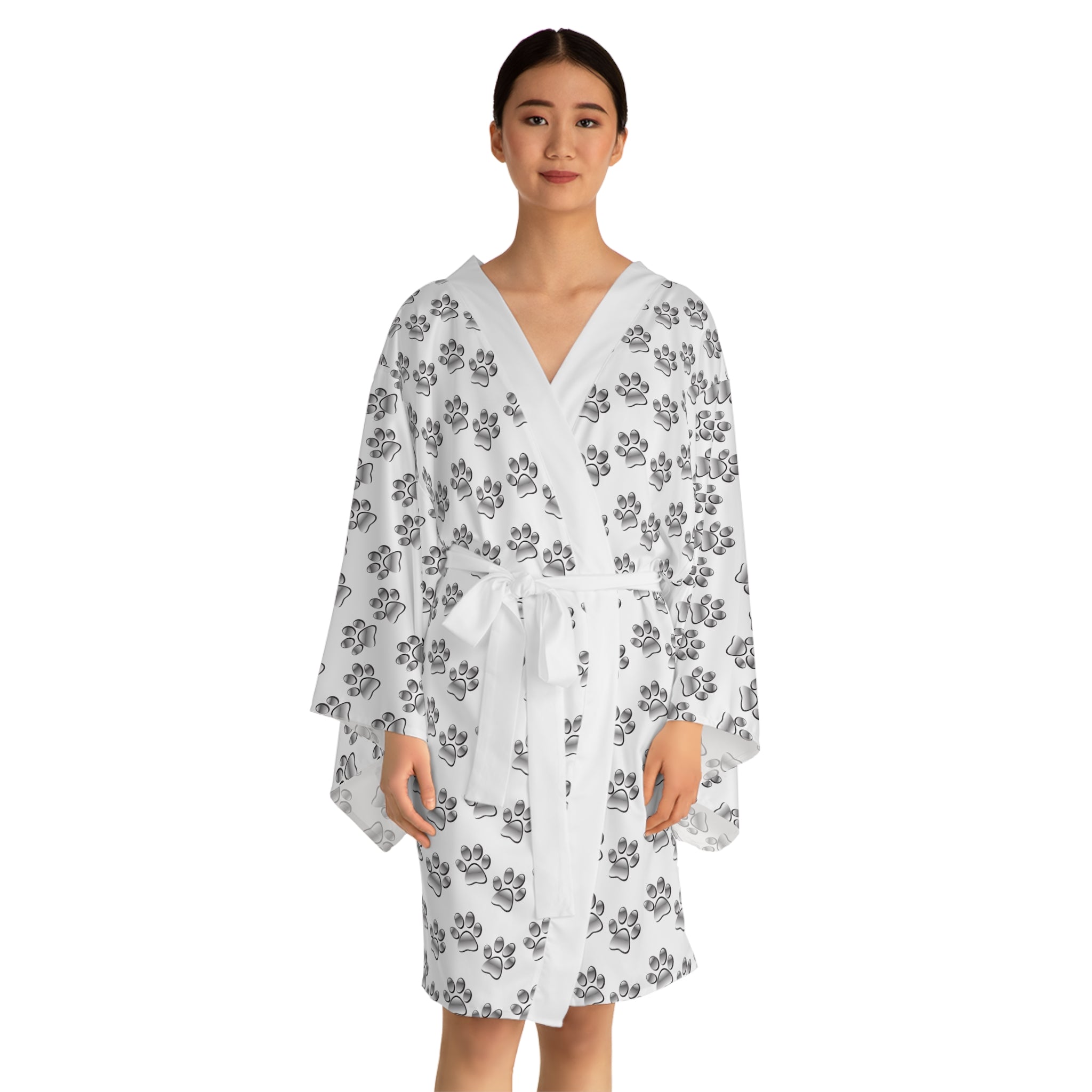 Ultra light Silver Paw Print Pattern Long Sleeve Kimono Robe | Pet Lover AOP