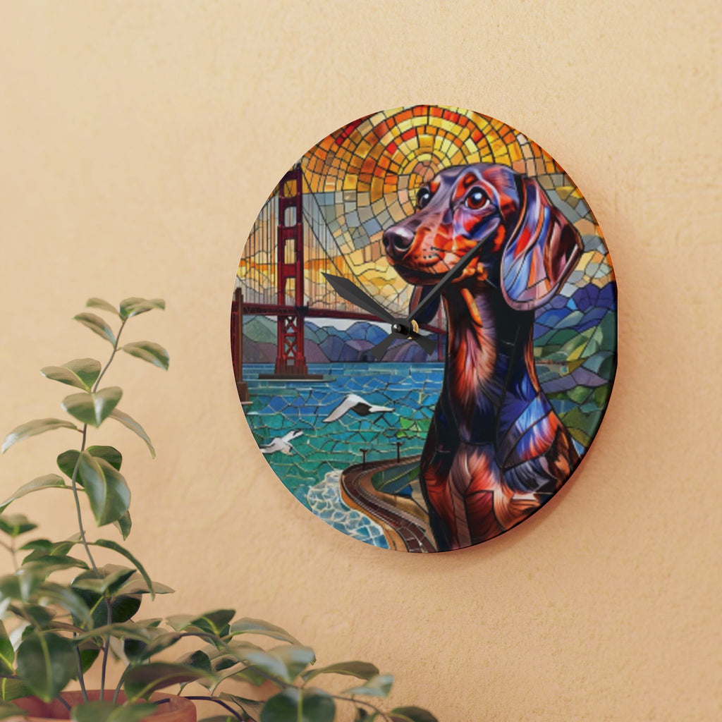 Dachshund San Francisco Acrylic Wall Clock — Colorful Mosaic Dog Art