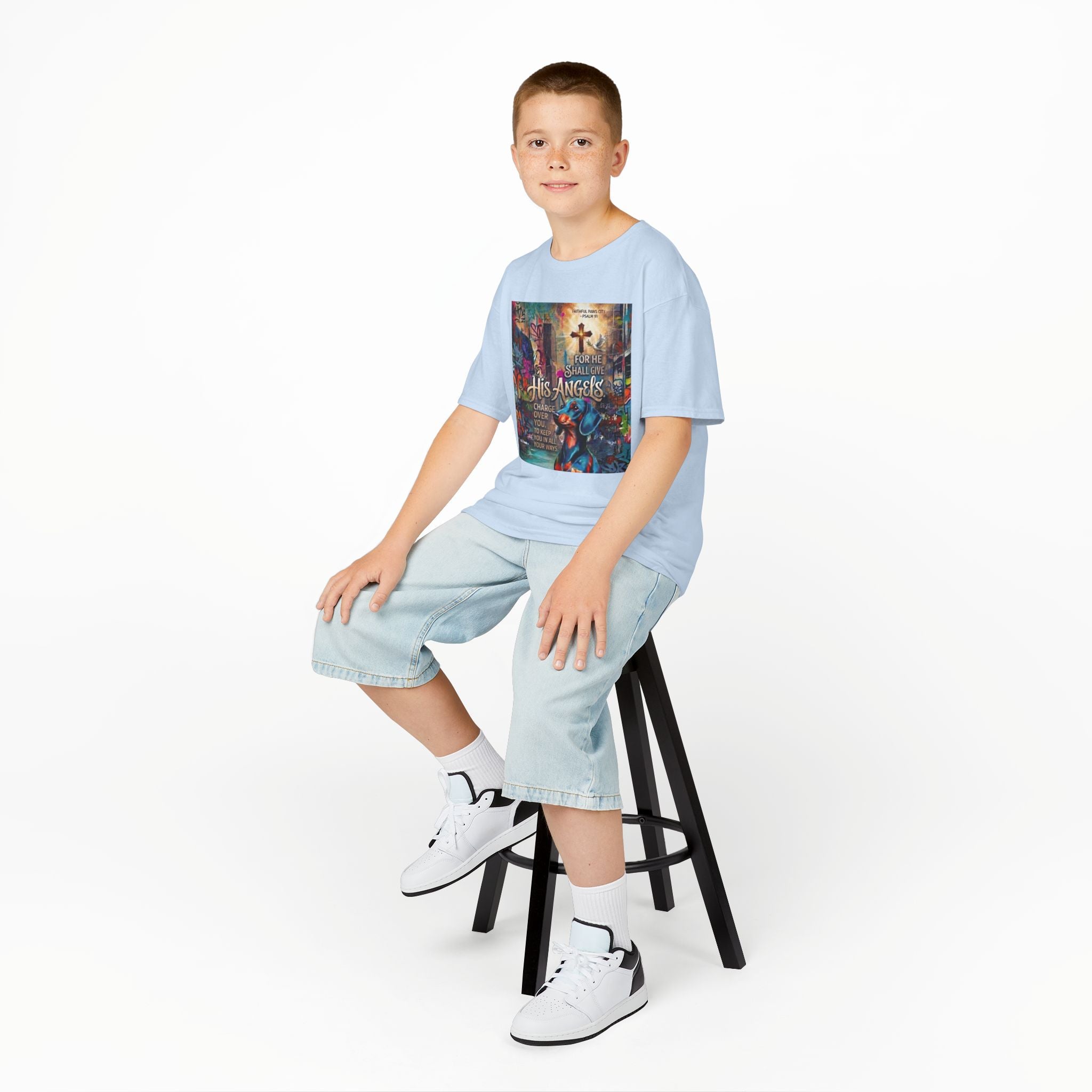 Kids Grafitti Dachshund T-Shirt — "Faithful Paws City" Colorful Angels & Paw Print Graphic Tee