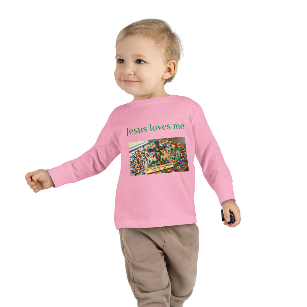 Toddler Long Sleeve Tee — "Jesus Loves Me" print with Colorful Legos Jesus on the cross - Sizes 2T - 6T