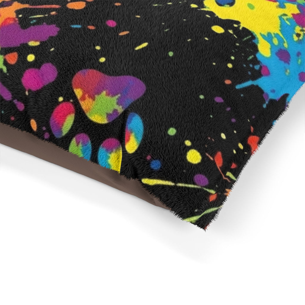 Colorful Paw Print Pet Bed — splatter paint design, cozy dog & cat cushion