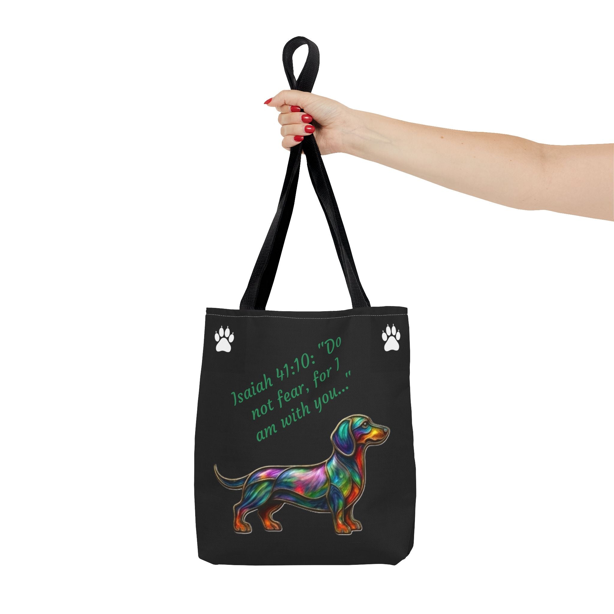 Faithful Paws City Dachshund Tote — Isaiah 41:10 Inspirational Dog Lover Bag