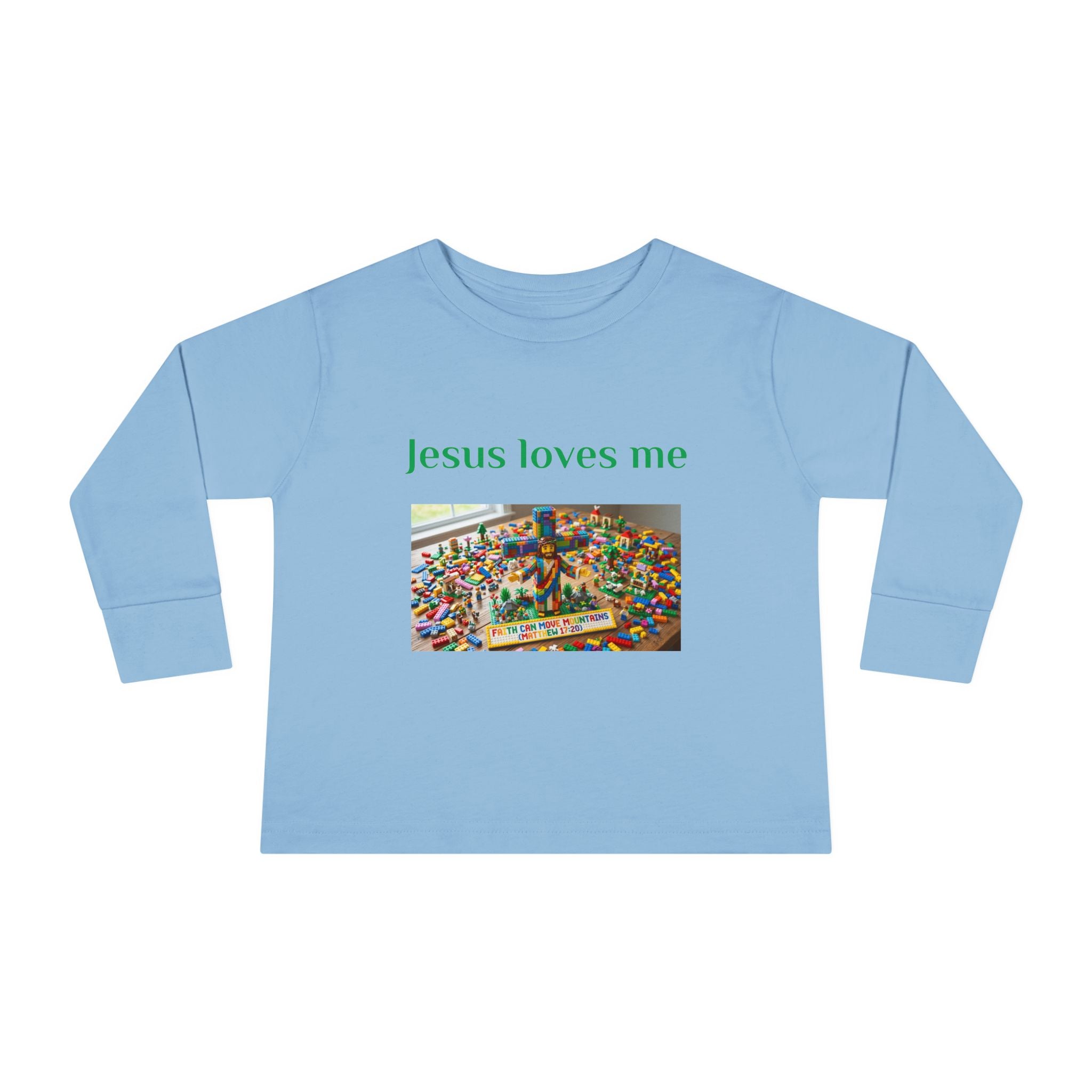 Toddler Long Sleeve Tee — "Jesus Loves Me" print with Colorful Legos Jesus on the cross - Sizes 2T - 6T