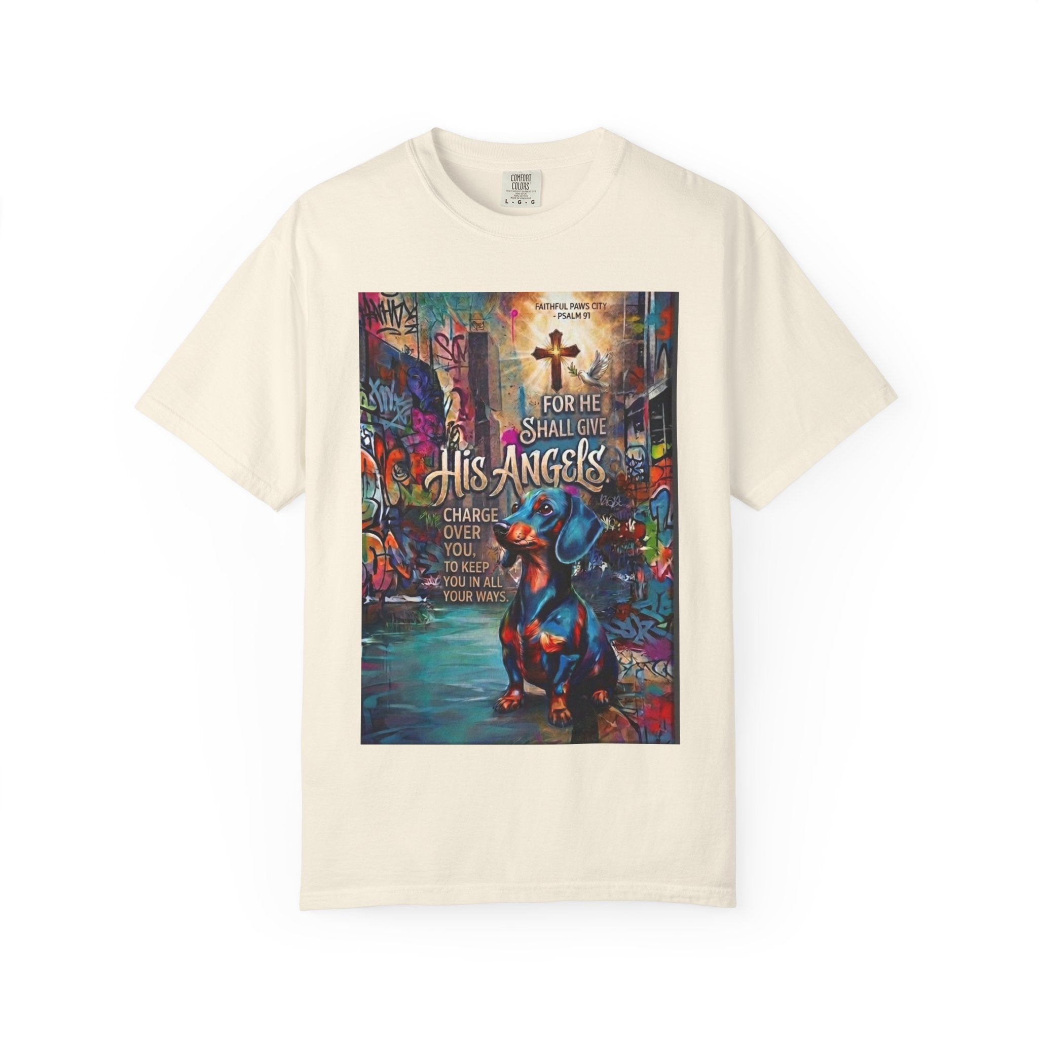 Unisex Christian Dog Grafitti T‑Shirt — "For He Shall Give His Angels Charge Over You" Inspirational Paw Print Tee