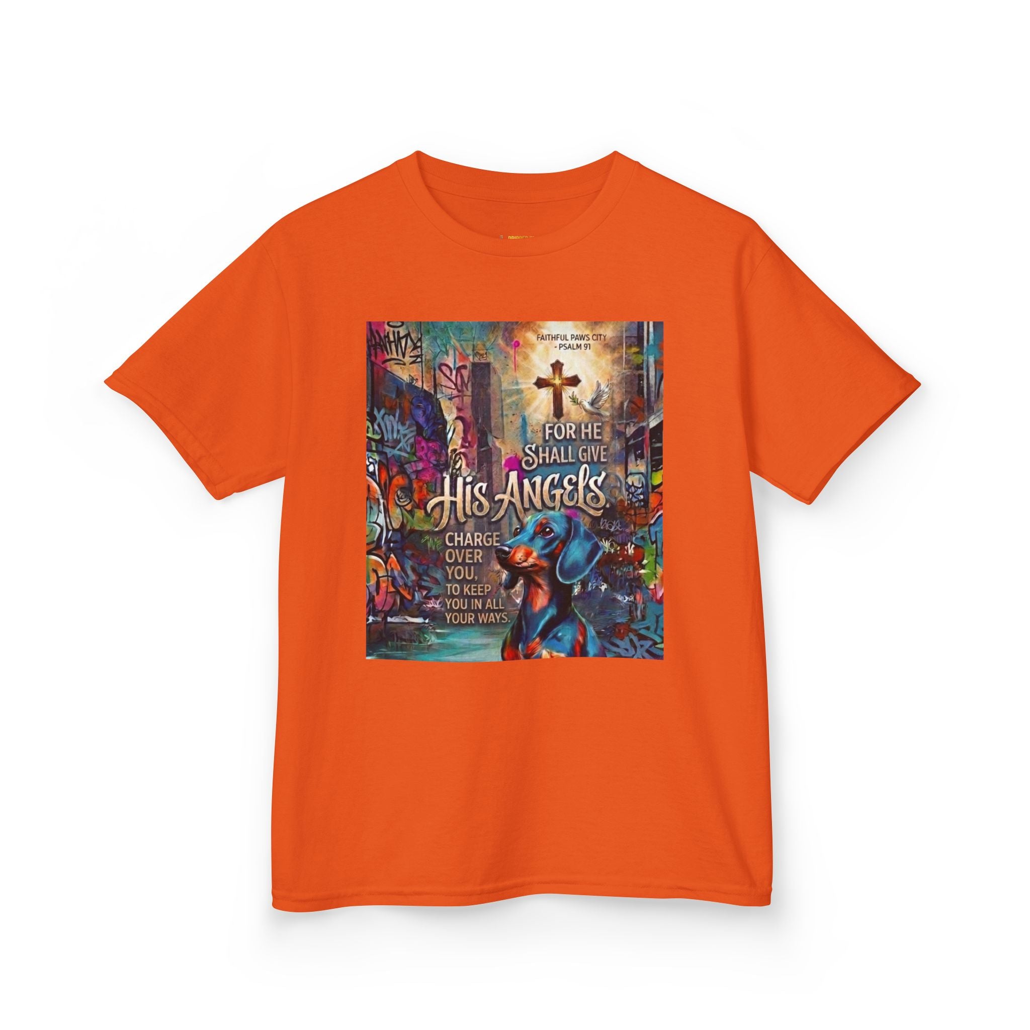 Kids Grafitti Dachshund T-Shirt — "Faithful Paws City" Colorful Angels & Paw Print Graphic Tee
