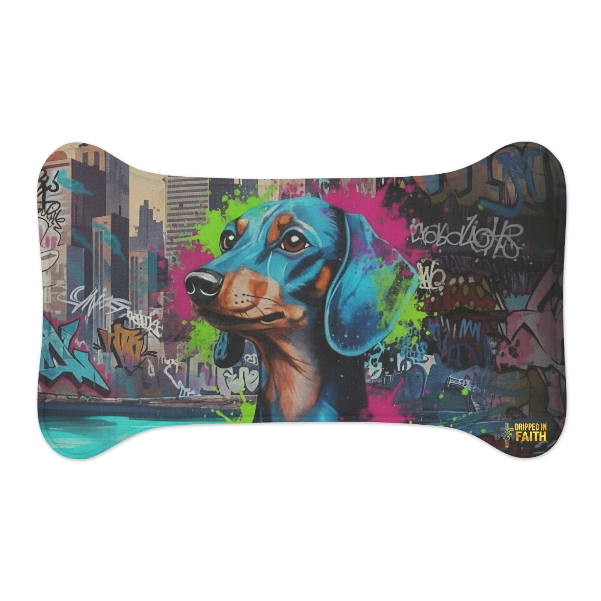 Graffiti Dachshund Pet Feeding Mat — Colorful Urban Dog Bowl Placemat