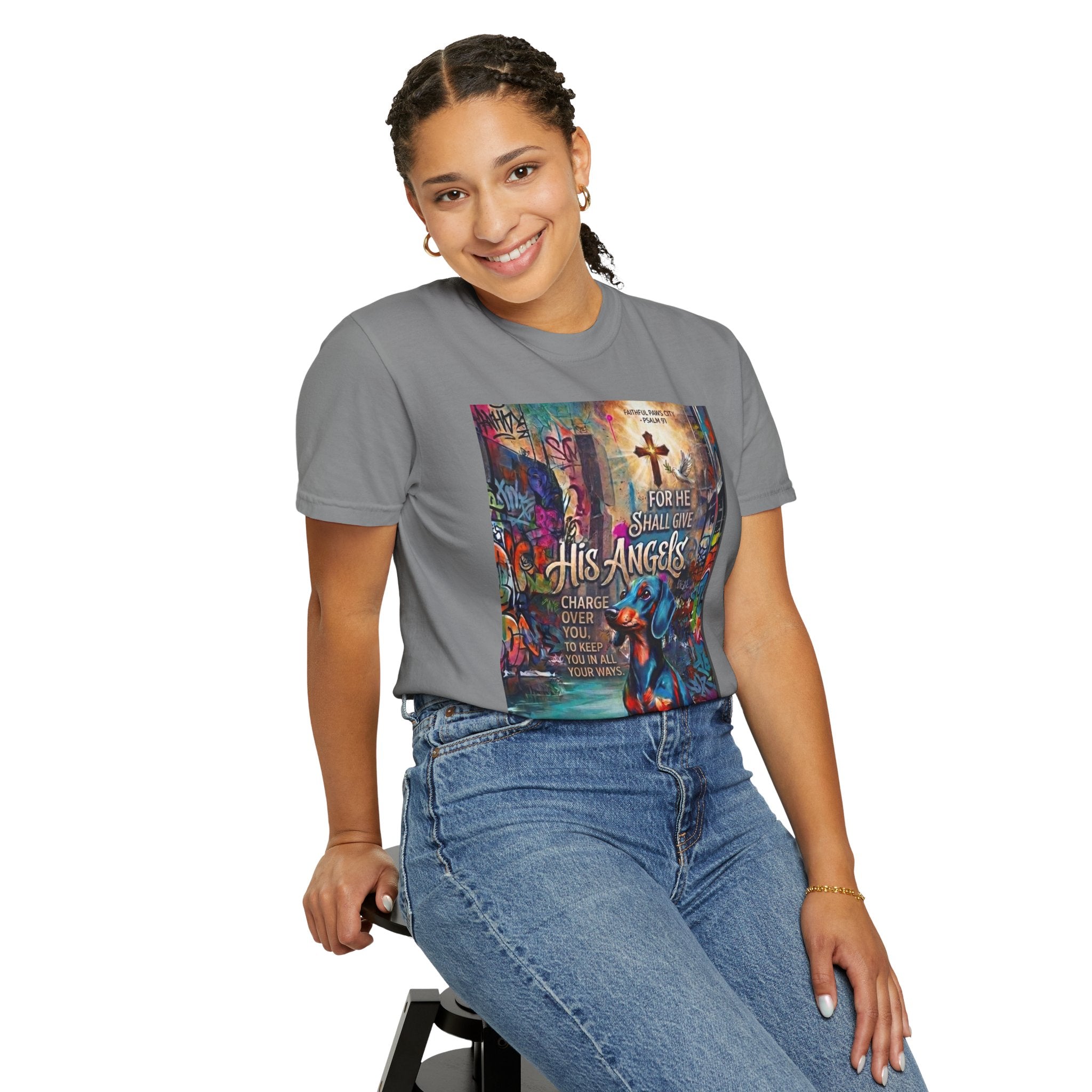 Unisex Christian Dog Grafitti T‑Shirt — "For He Shall Give His Angels Charge Over You" Inspirational Paw Print Tee
