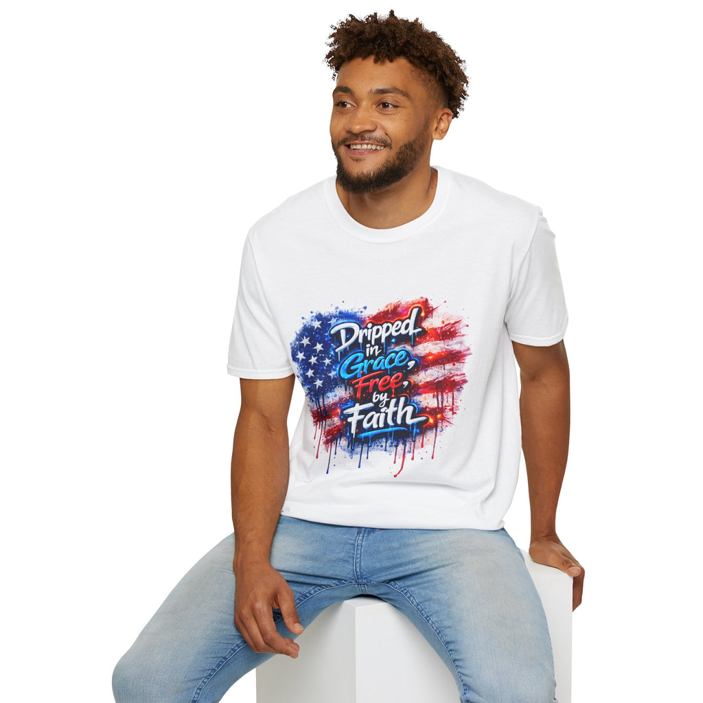 T-Shirt — "Dripped in Grace, Free in Faith" American Flag Christian Graphic Tee - 4th of July