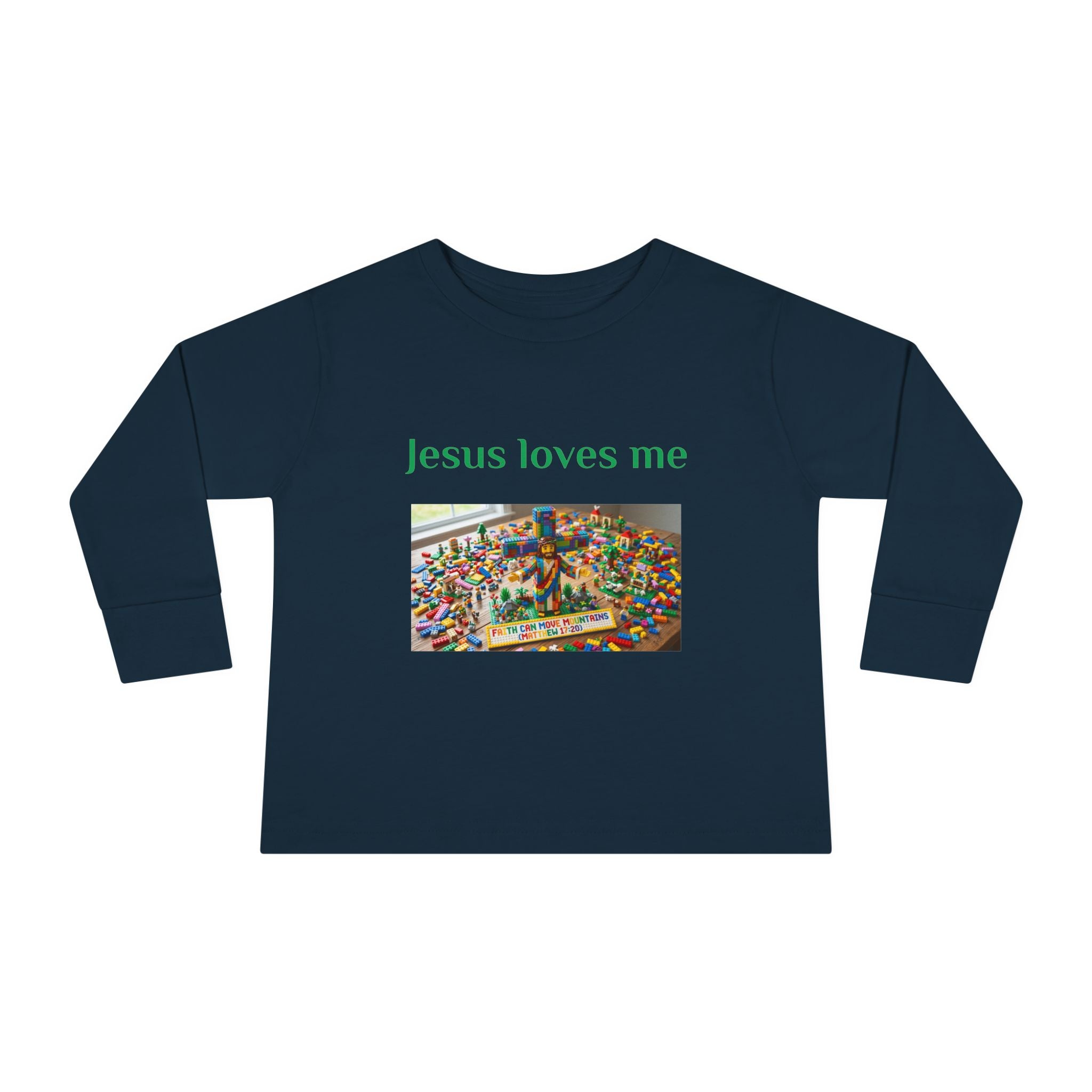 Toddler Long Sleeve Tee — "Jesus Loves Me" print with Colorful Legos Jesus on the cross - Sizes 2T - 6T