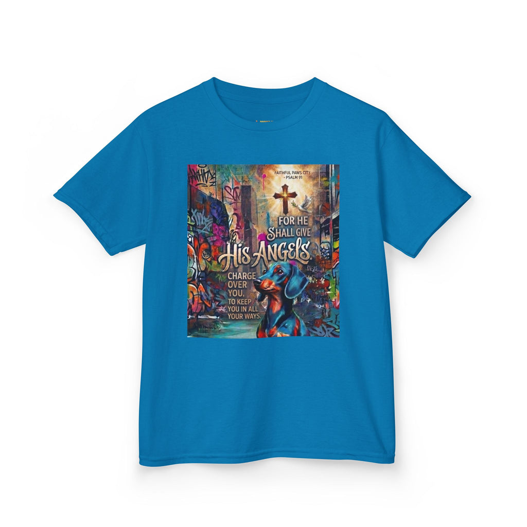 Kids Grafitti Dachshund T-Shirt — "Faithful Paws City" Colorful Angels & Paw Print Graphic Tee