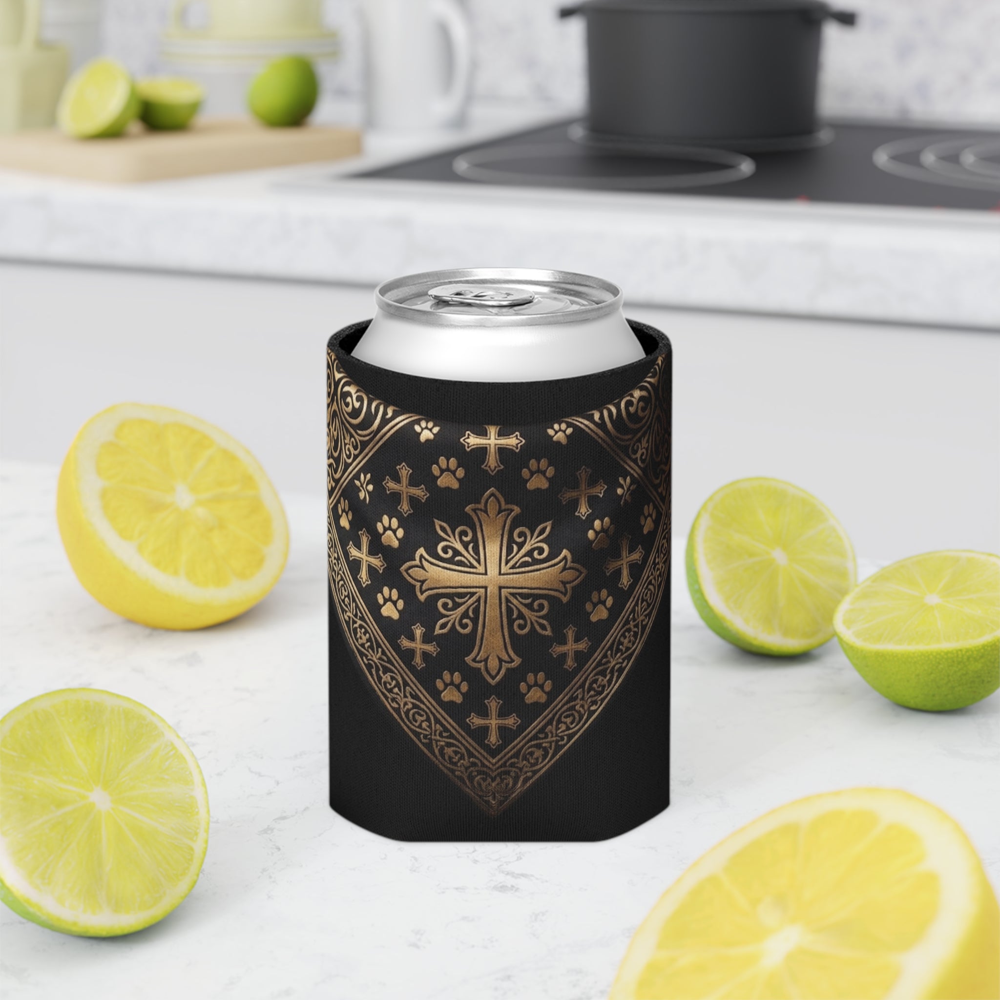 Black Gold Cross Can Cooler - Gothic Bandana Drink Koozie