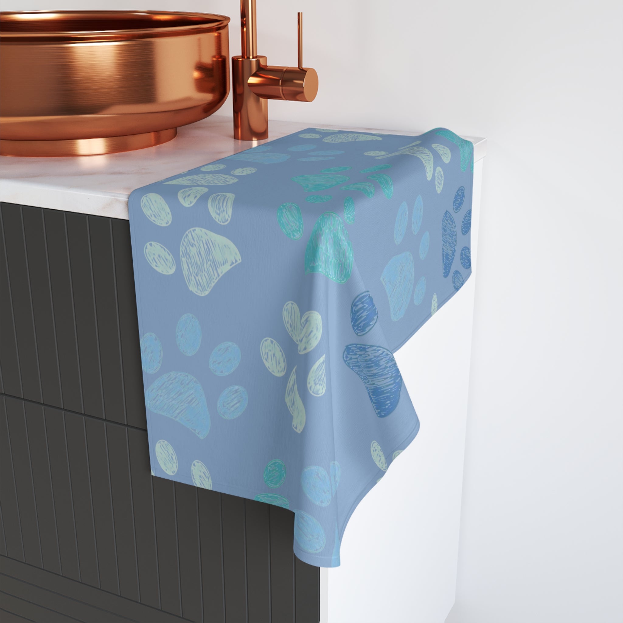 Blue Paw Print Hand Towel – Cute Pet Paw Pattern Bathroom or Kitchen Towel