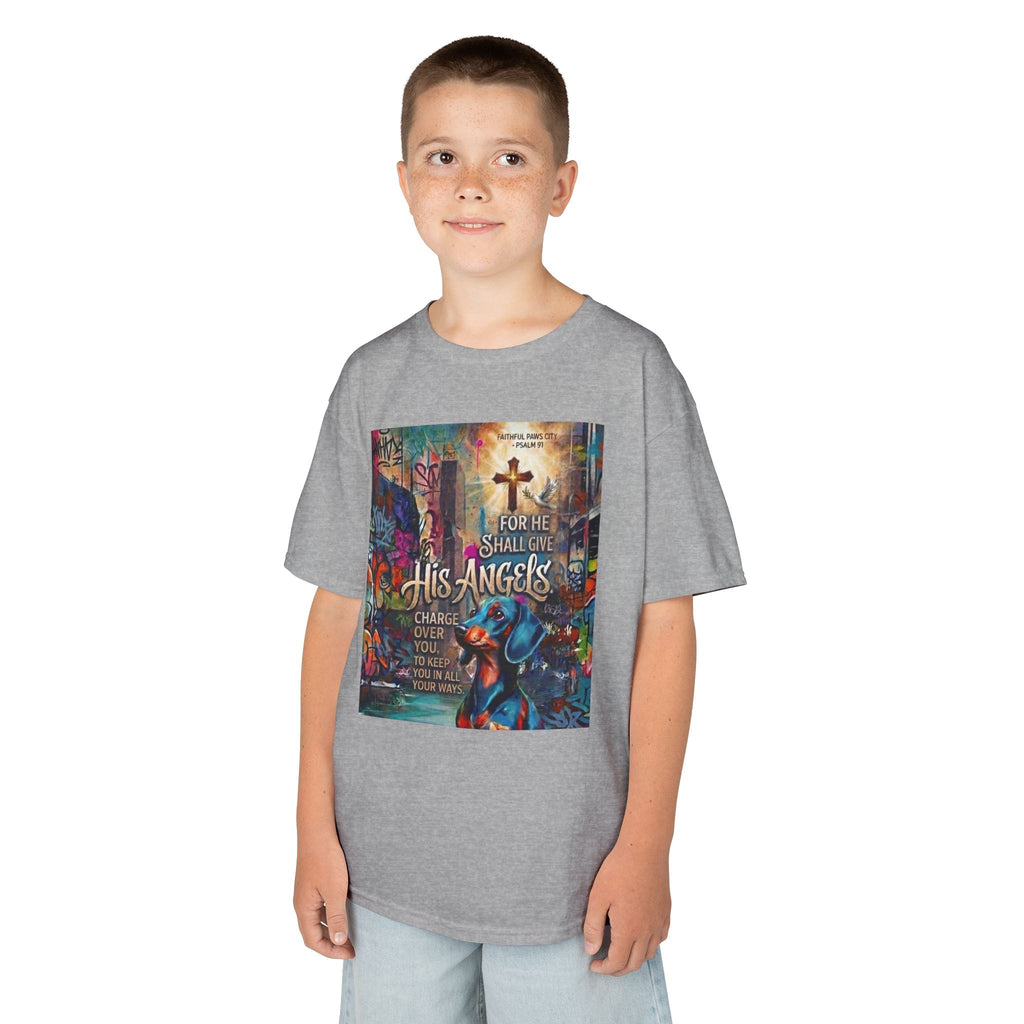 Kids Grafitti Dachshund T-Shirt — "Faithful Paws City" Colorful Angels & Paw Print Graphic Tee