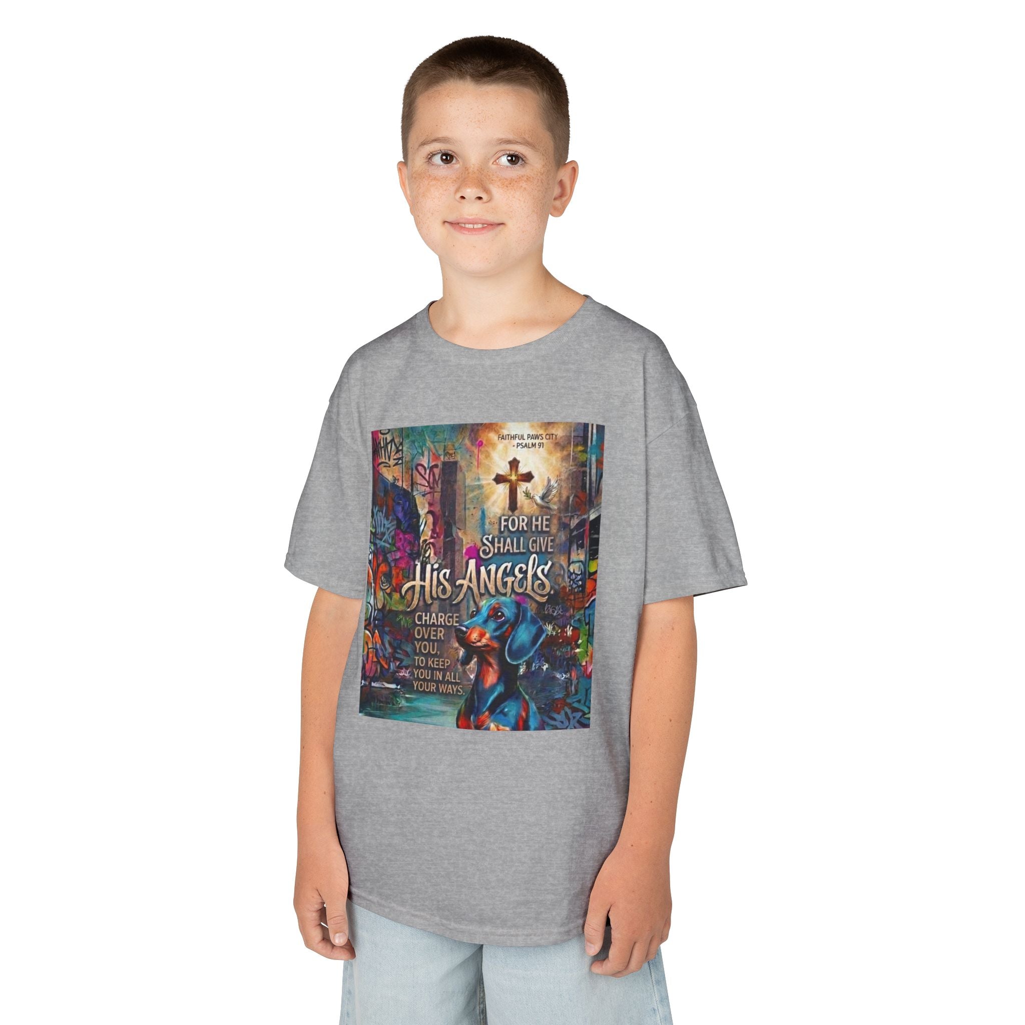 Kids Grafitti Dachshund T-Shirt — "Faithful Paws City" Colorful Angels & Paw Print Graphic Tee