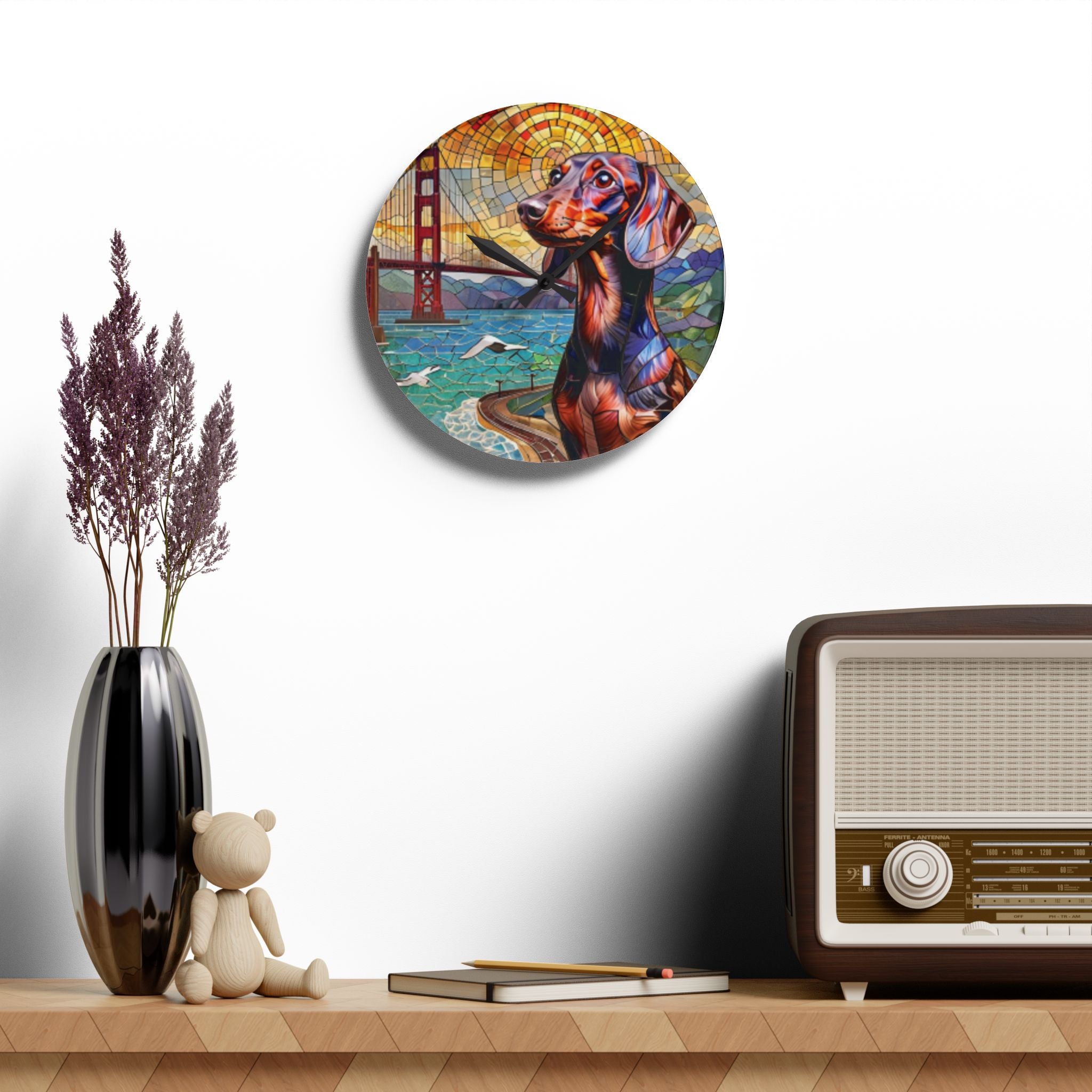 Dachshund San Francisco Acrylic Wall Clock — Colorful Mosaic Dog Art