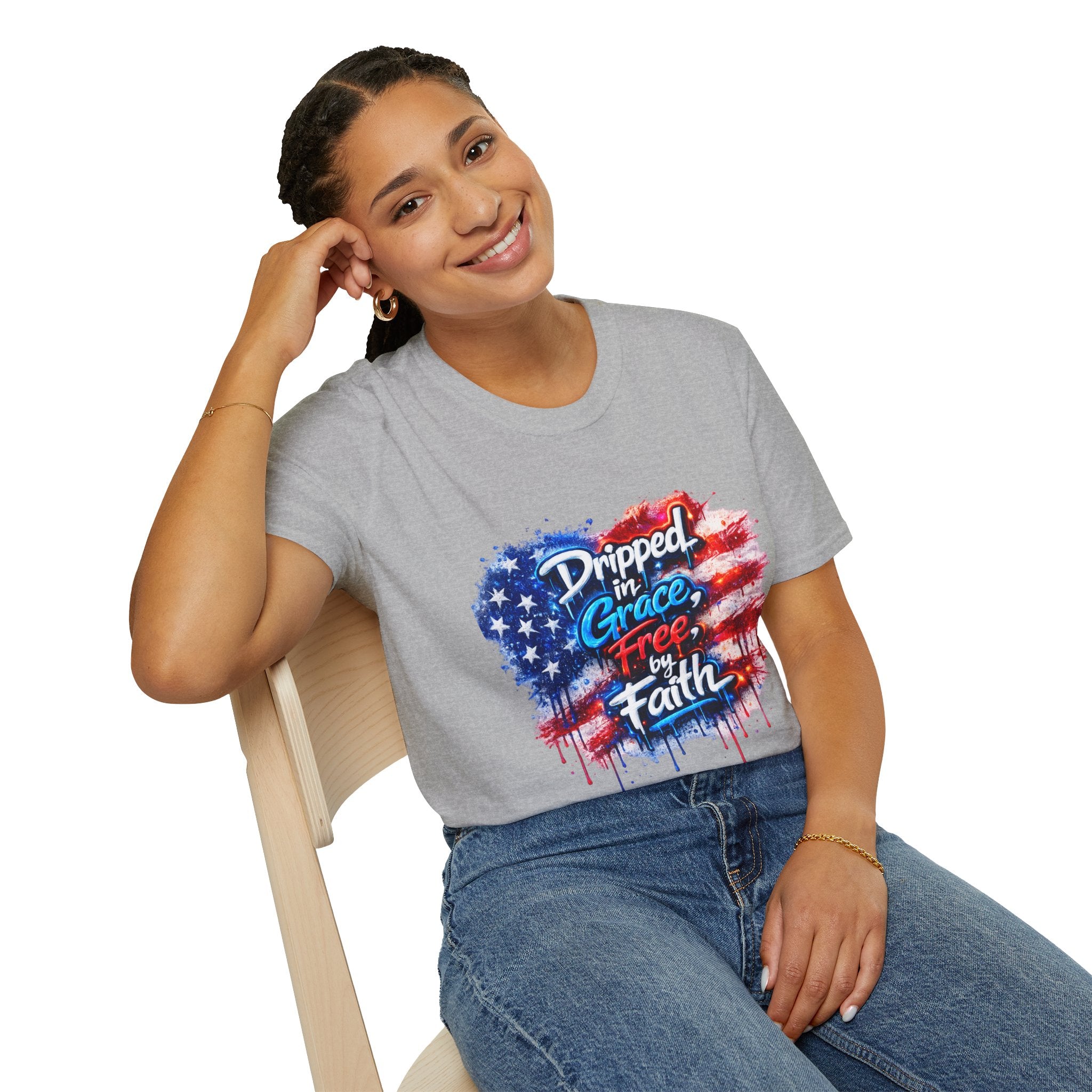 T-Shirt — "Dripped in Grace, Free in Faith" American Flag Christian Graphic Tee - 4th of July
