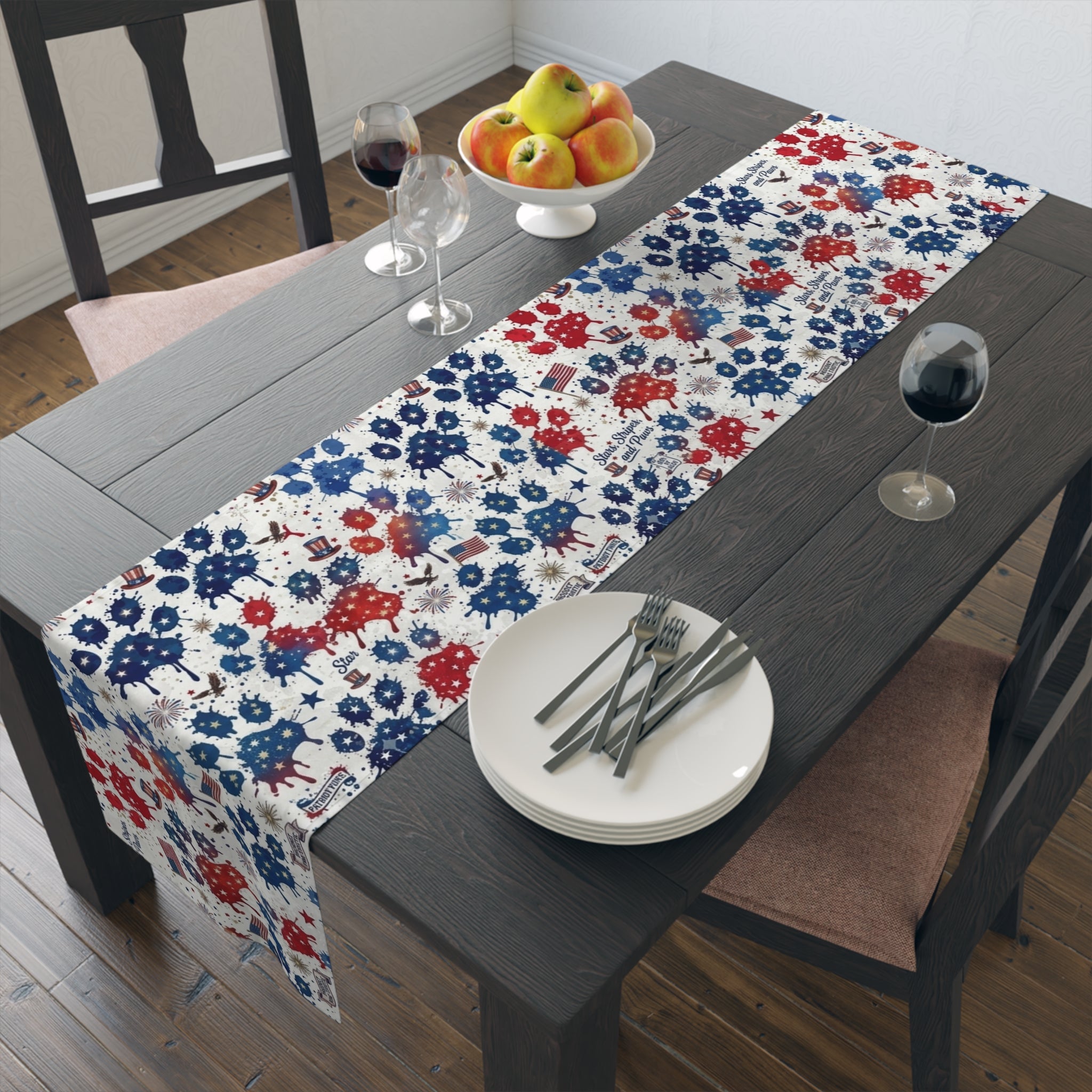 Patriotic Paw Prints Table Runner — Red, White & Blue Cotton-Blend Decor