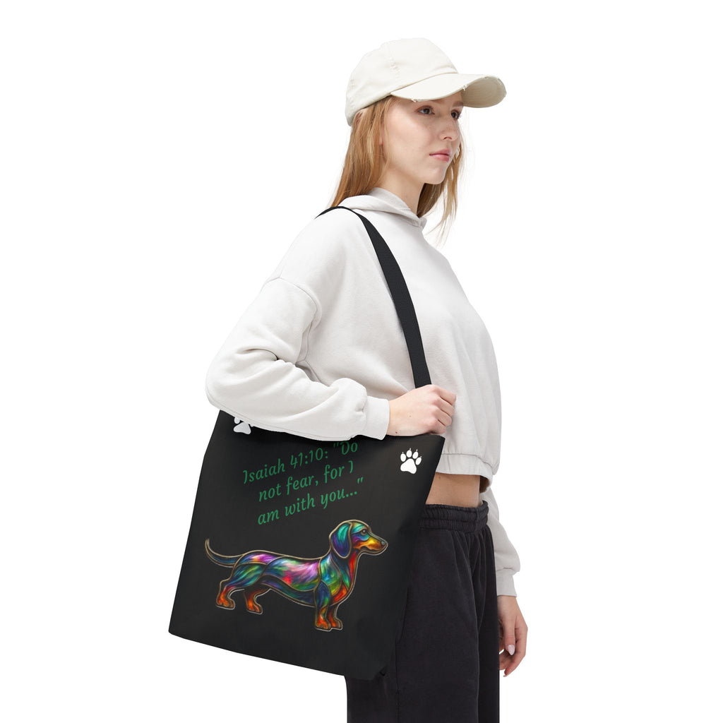 Faithful Paws City Dachshund Tote — Isaiah 41:10 Inspirational Dog Lover Bag
