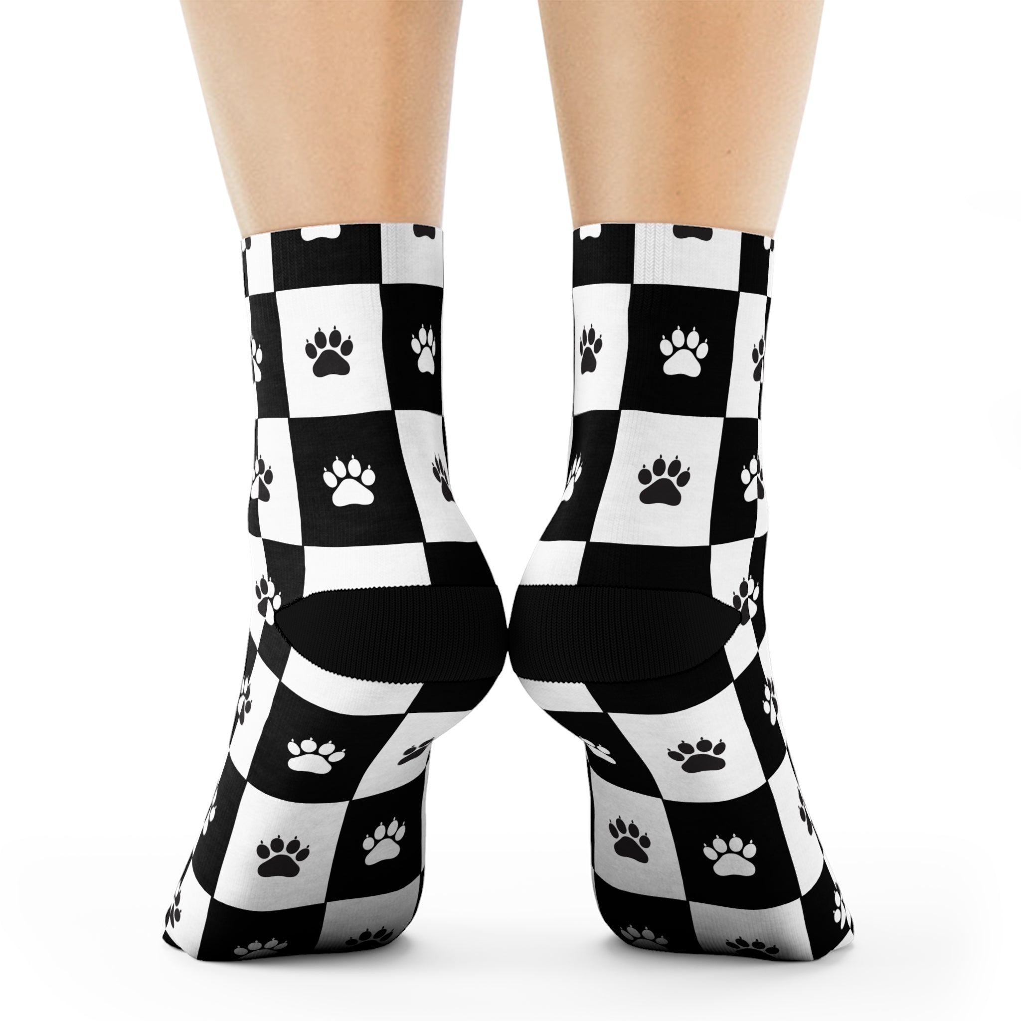 Black & White Paw Print Checkerboard Crew Socks