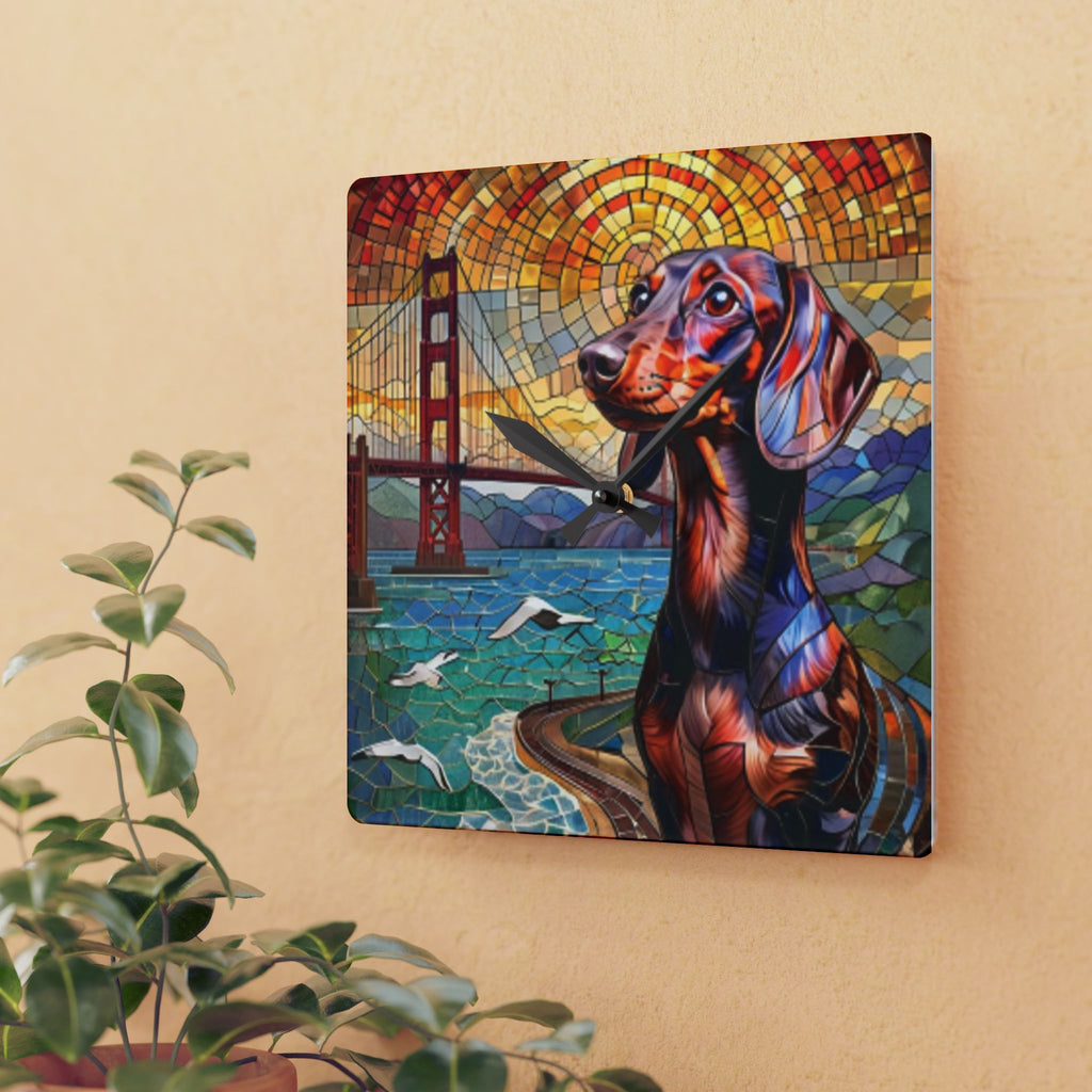 Dachshund San Francisco Acrylic Wall Clock — Colorful Mosaic Dog Art