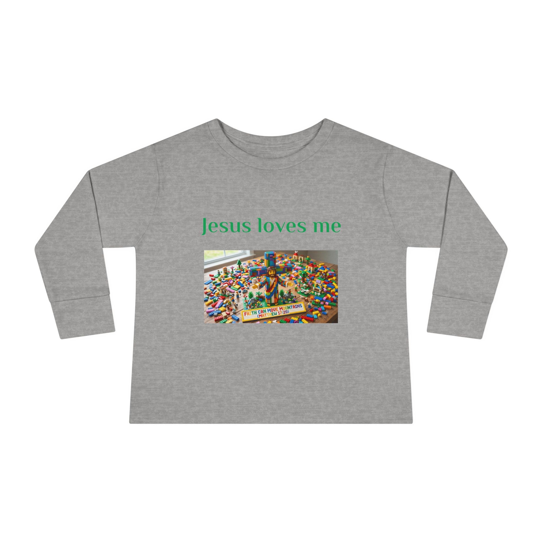 Toddler Long Sleeve Tee — "Jesus Loves Me" print with Colorful Legos Jesus on the cross - Sizes 2T - 6T