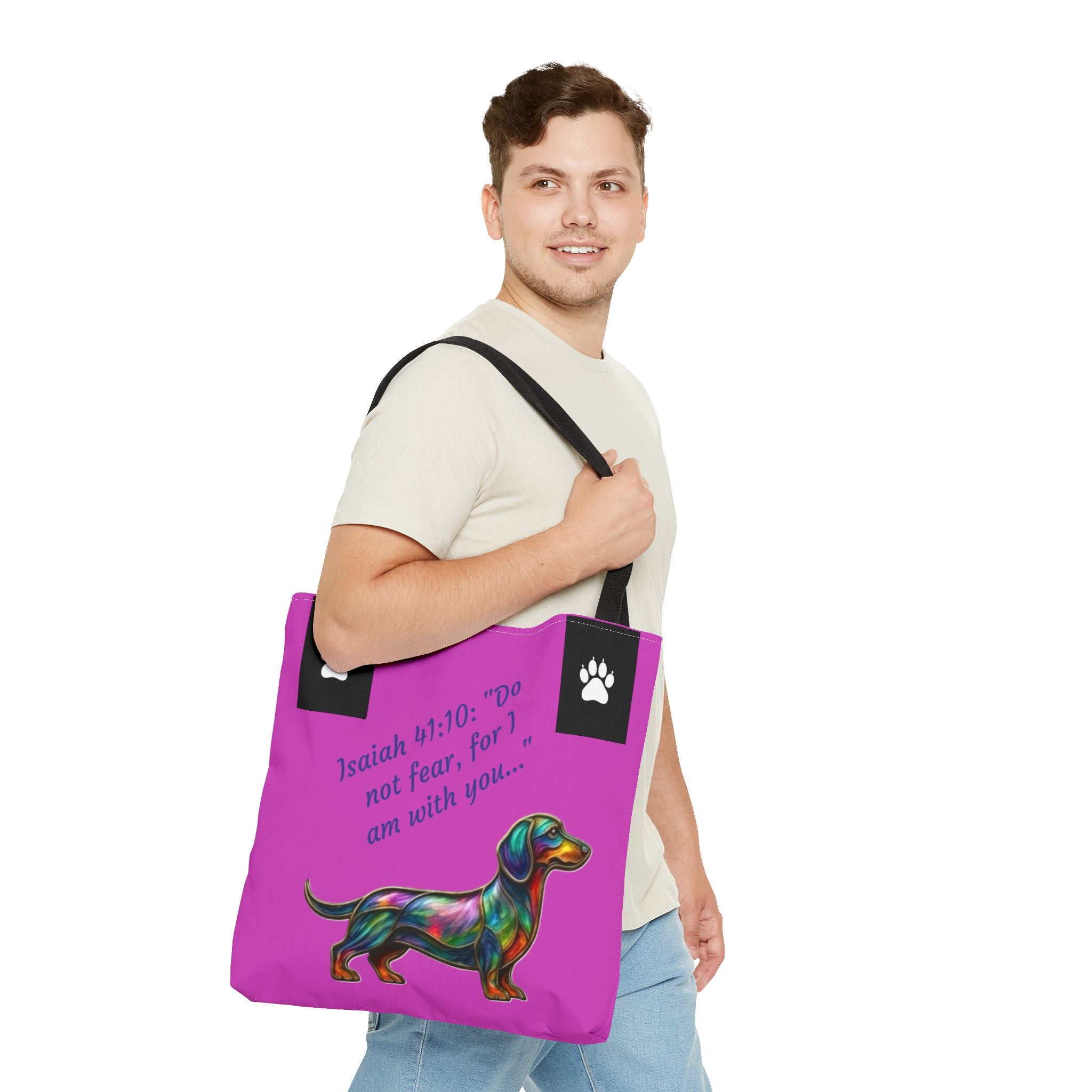 Faithful Paws City Dachshund Tote — Isaiah 41:10 Inspirational Dog Lover Bag