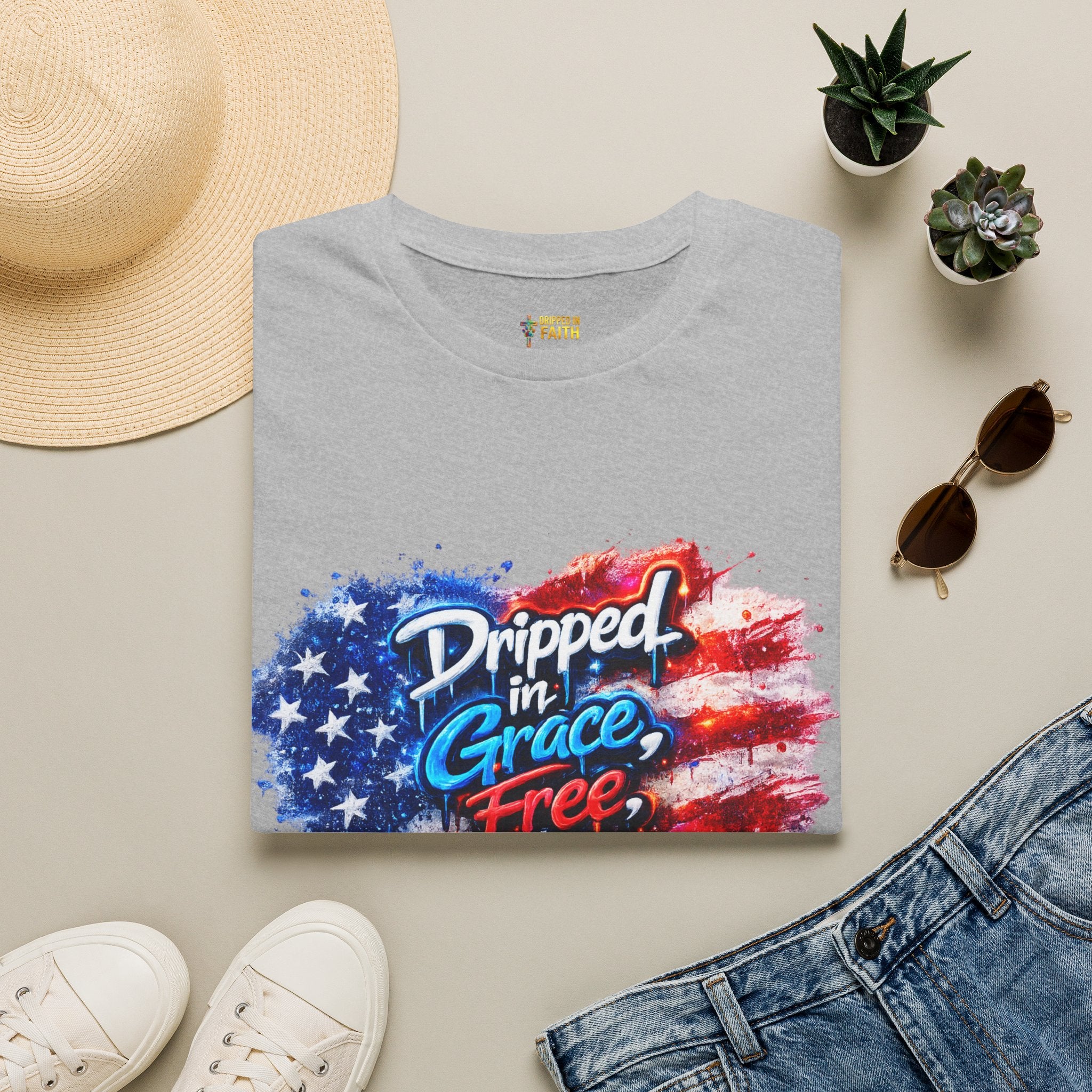 T-Shirt — "Dripped in Grace, Free in Faith" American Flag Christian Graphic Tee - 4th of July