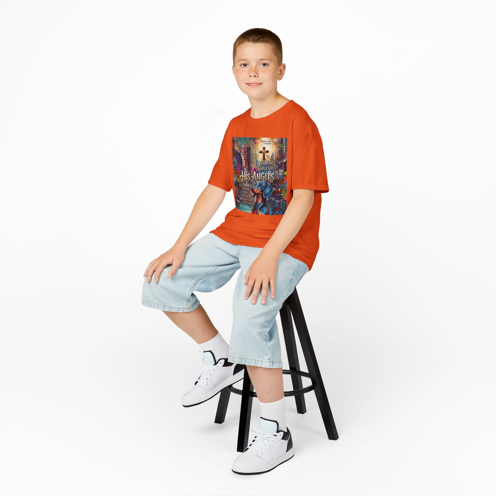 Kids Grafitti Dachshund T-Shirt — "Faithful Paws City" Colorful Angels & Paw Print Graphic Tee