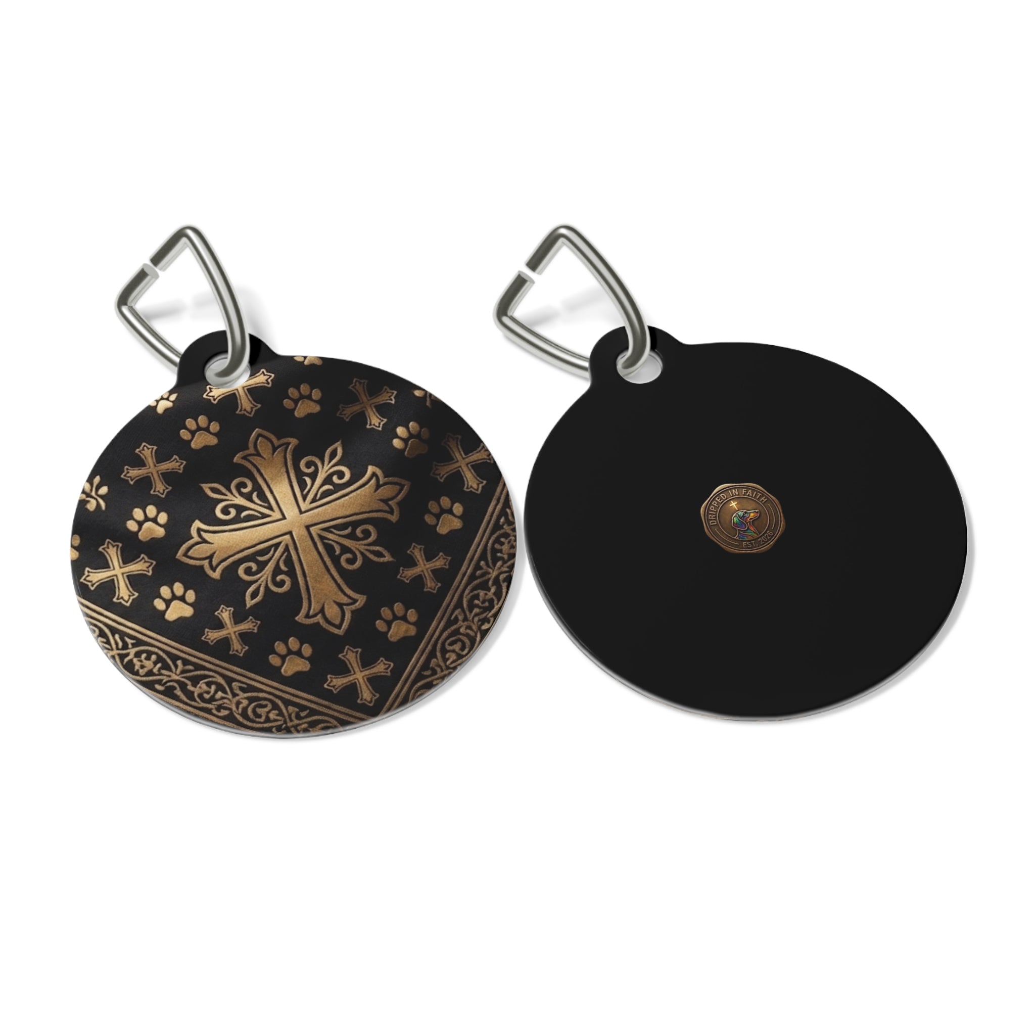 Personalizable Black with Gold Cross Paw Print Pet Tag on a faux leather collar — Christian Dog & Cat ID Charm