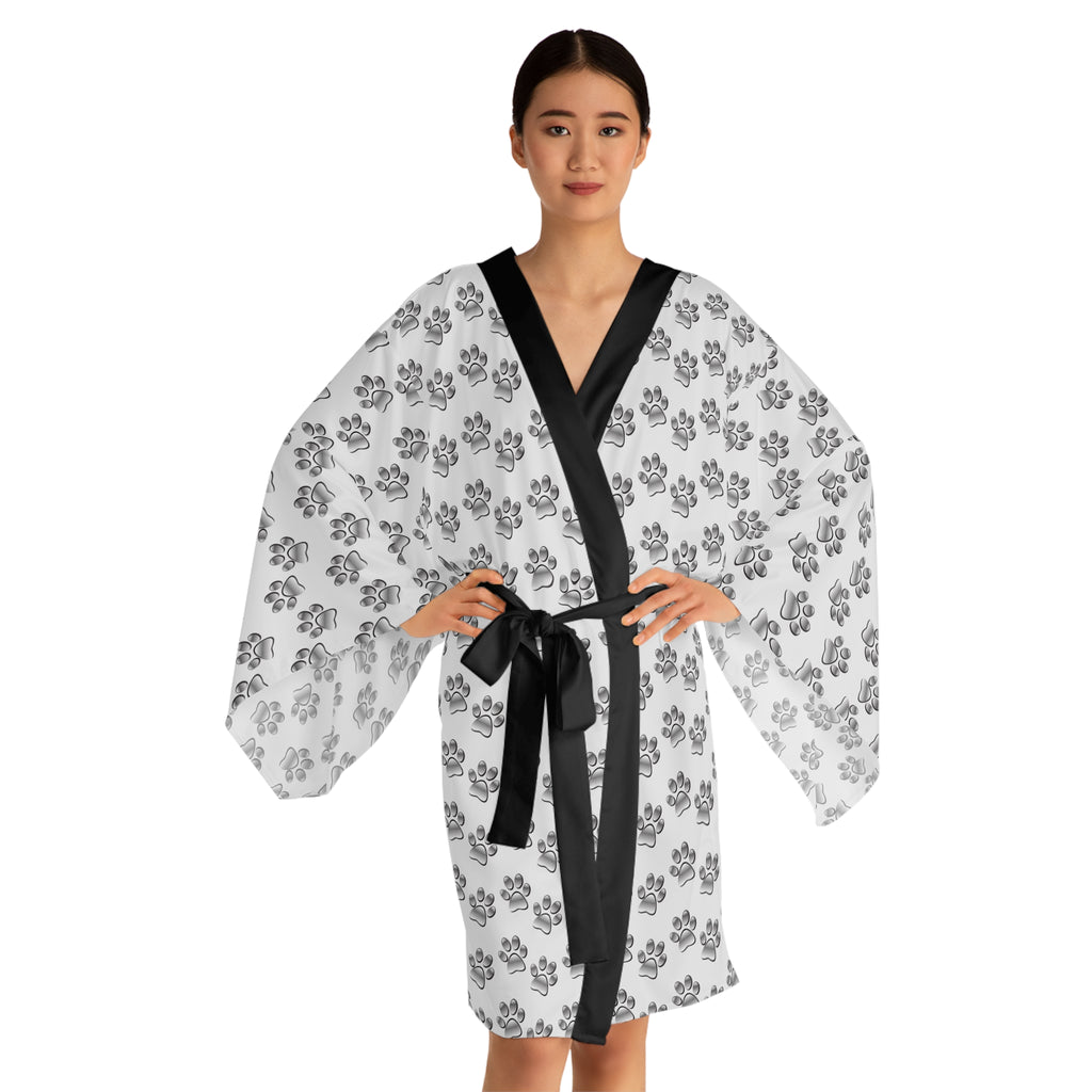 Ultra light Silver Paw Print Pattern Long Sleeve Kimono Robe | Pet Lover AOP