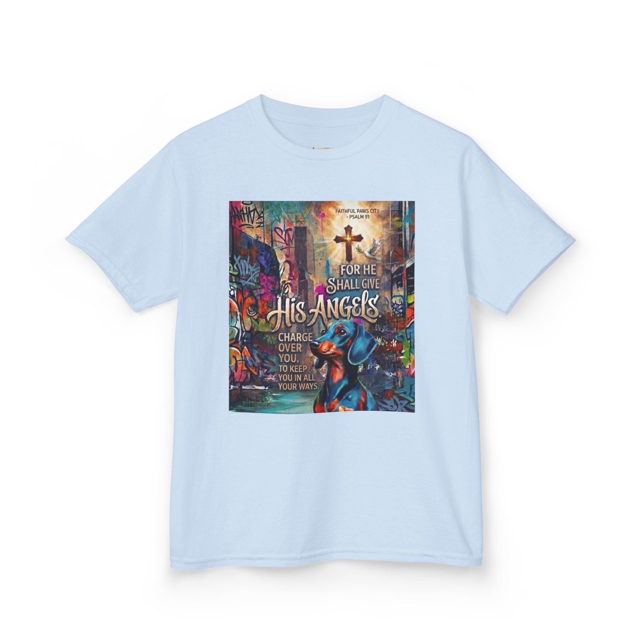 Kids Grafitti Dachshund T-Shirt — "Faithful Paws City" Colorful Angels & Paw Print Graphic Tee