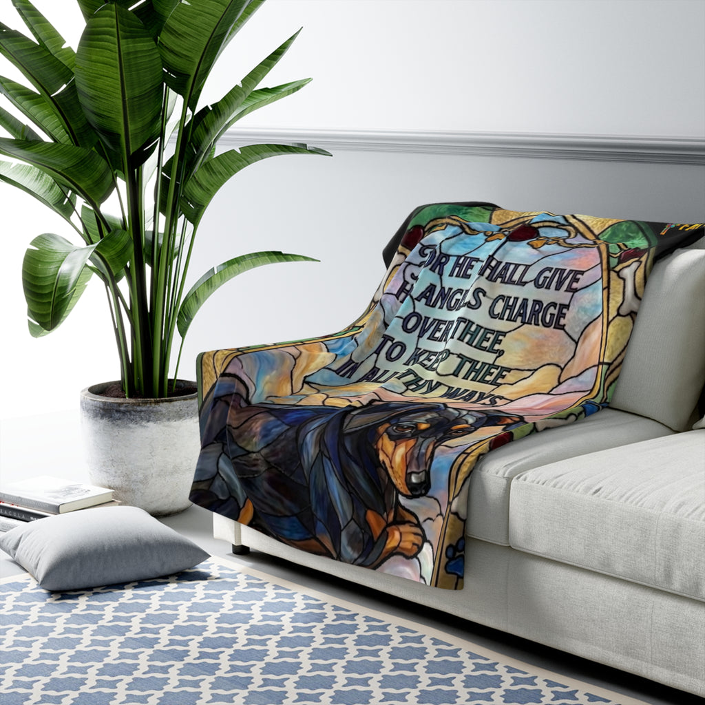 Dachshund Guardian Angel Sherpa Blanket — 'For He Shall Give His Angels Charge' Stained Glass Throw