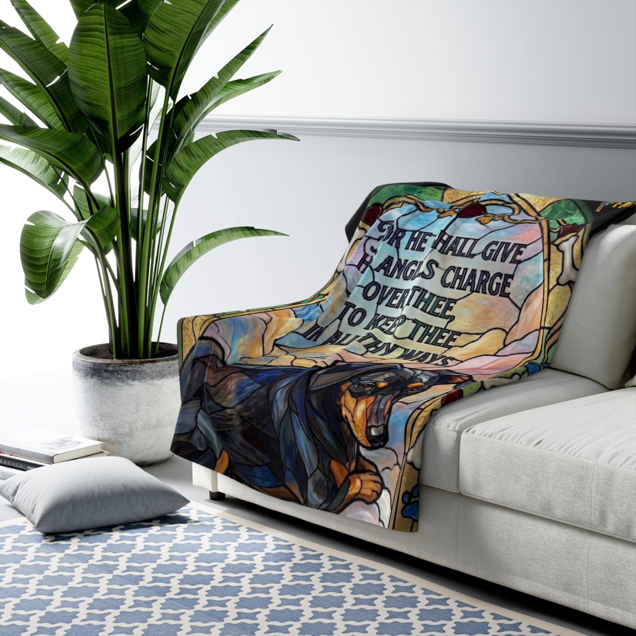 Dachshund Guardian Angel Sherpa Blanket — 'For He Shall Give His Angels Charge' Stained Glass Throw